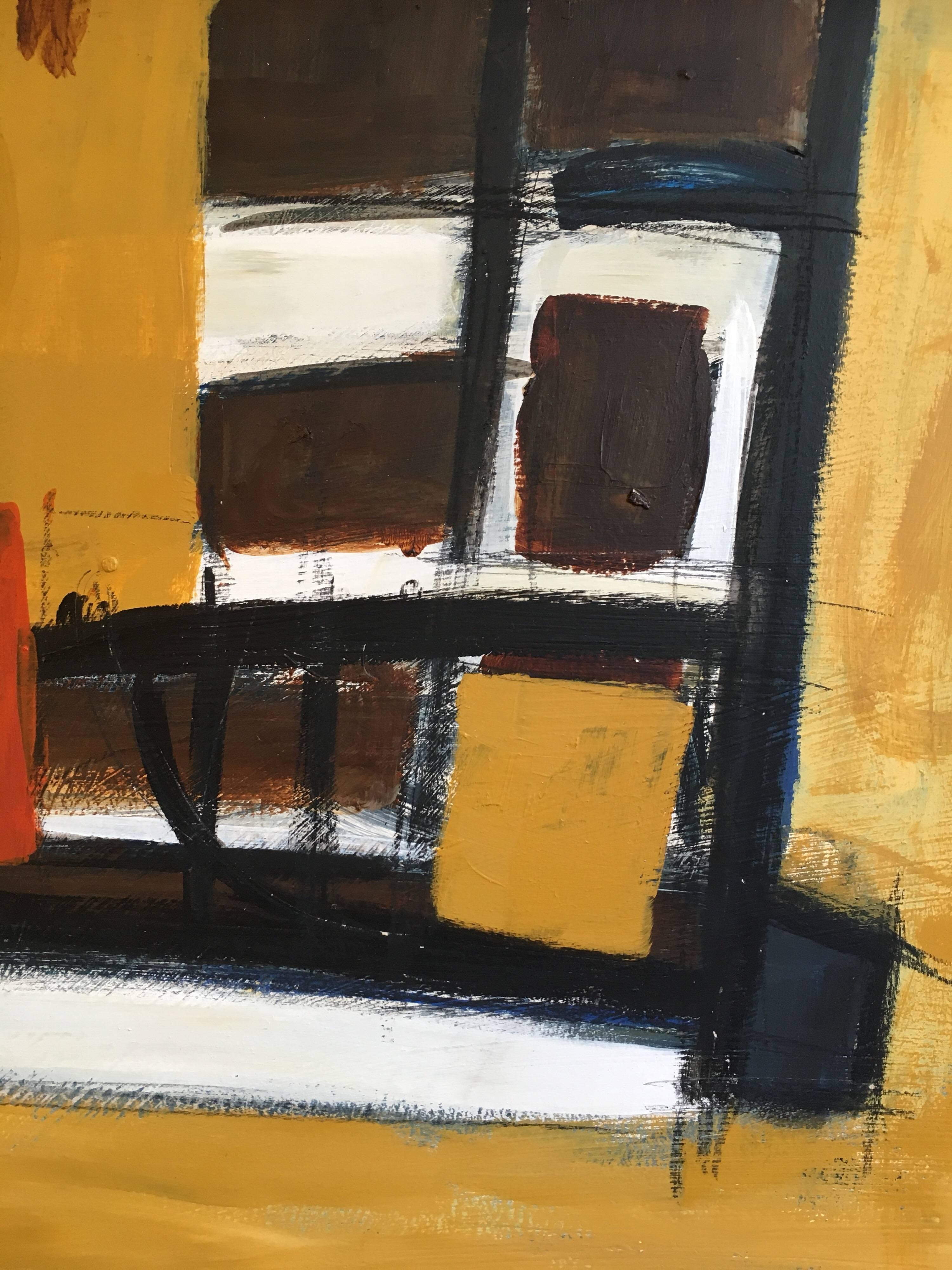 'Sandscape' Large Abstract Oil Painting
Modern British, 21st Century
Titled 'Sandscape' (Tarragona 2) verso 
painting on board, framed
Framed size: 23.5 x 39 inches

Stylish abstract oil painting, using a desirable colour palette of ochre yellows,