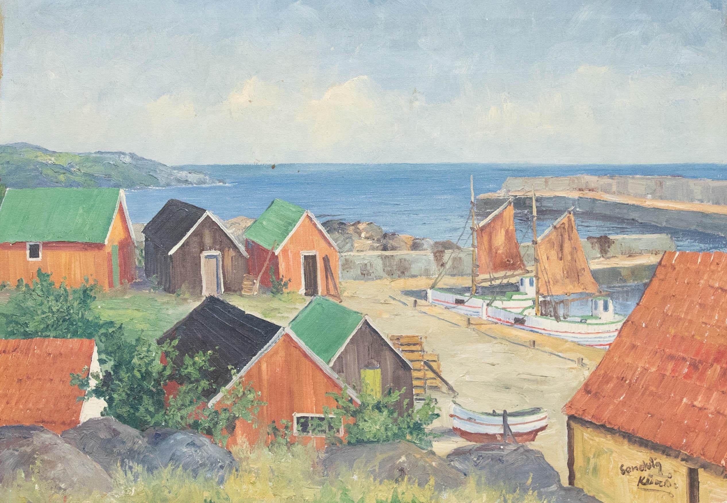 Sandvig - Huile du milieu du 19e siècle, Vue du port - Painting de Unknown