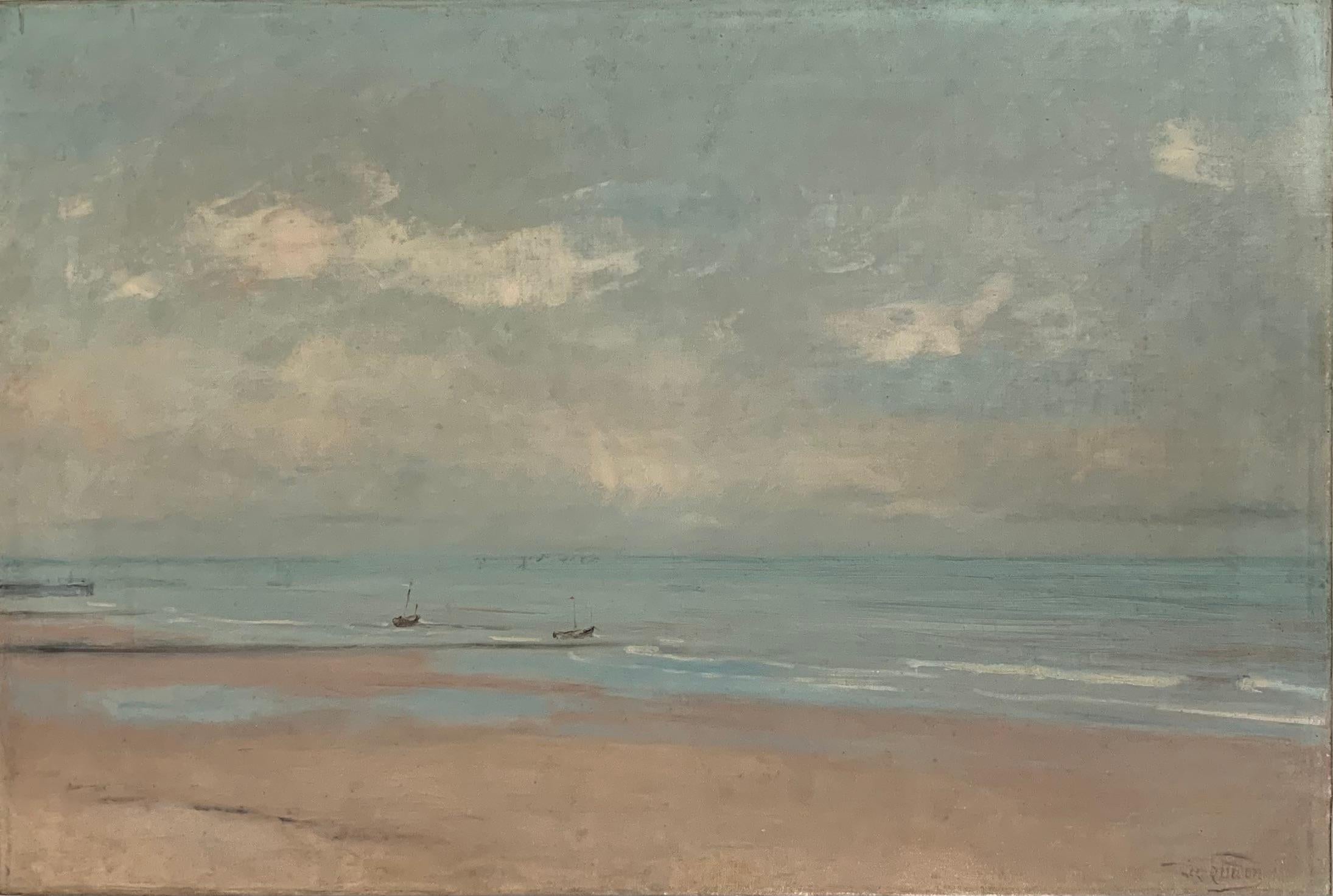 Landscape Painting Unknown - Beach avec bateaux et pontons