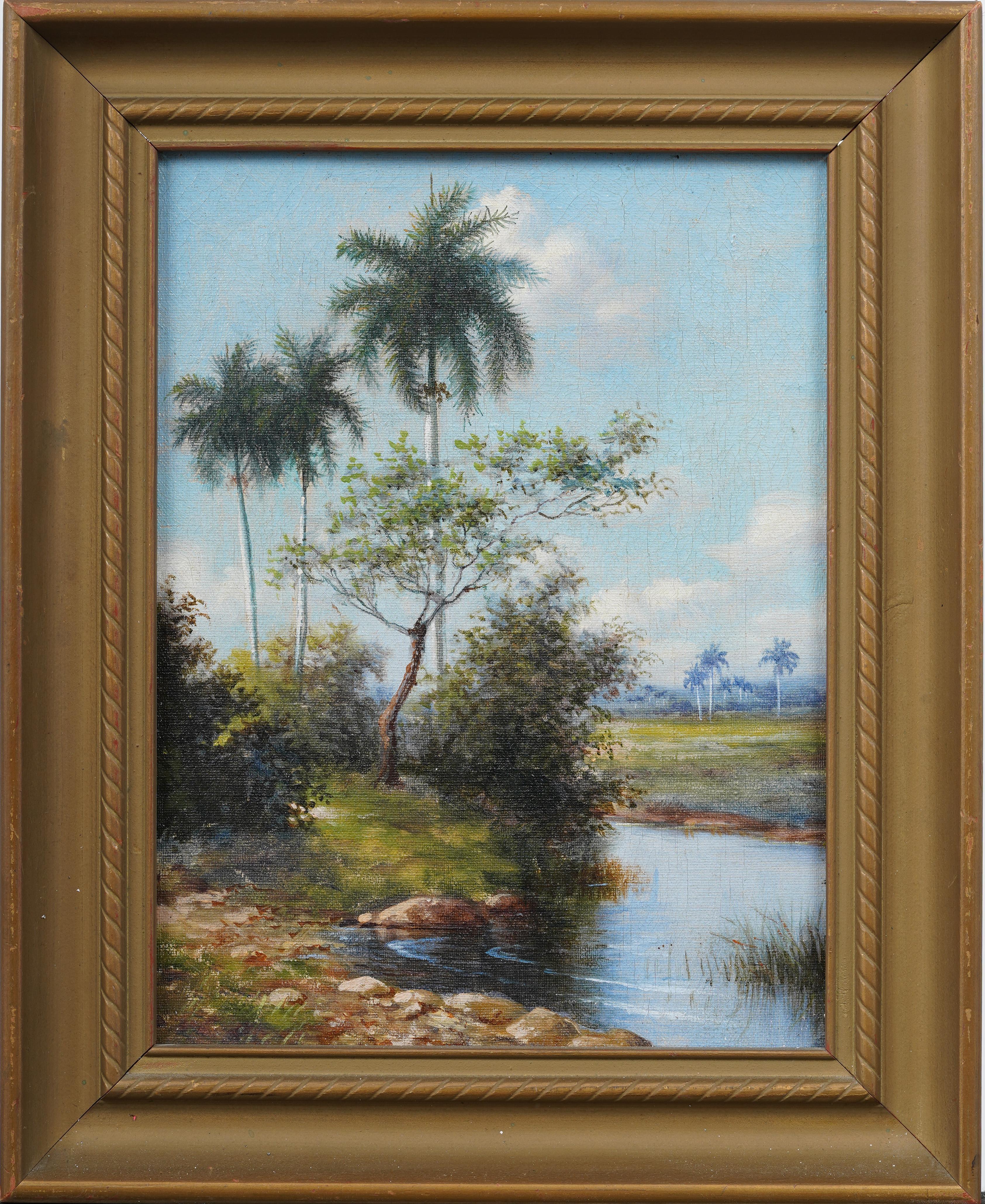 Santa Clara Cuba Ancienne peinture à l'huile tropicale encadrée Palmier Rivière Paysage