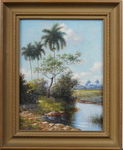 Santa Clara Cuba Antique Tropical Framed Palm Tree River Landscape Oil Painting