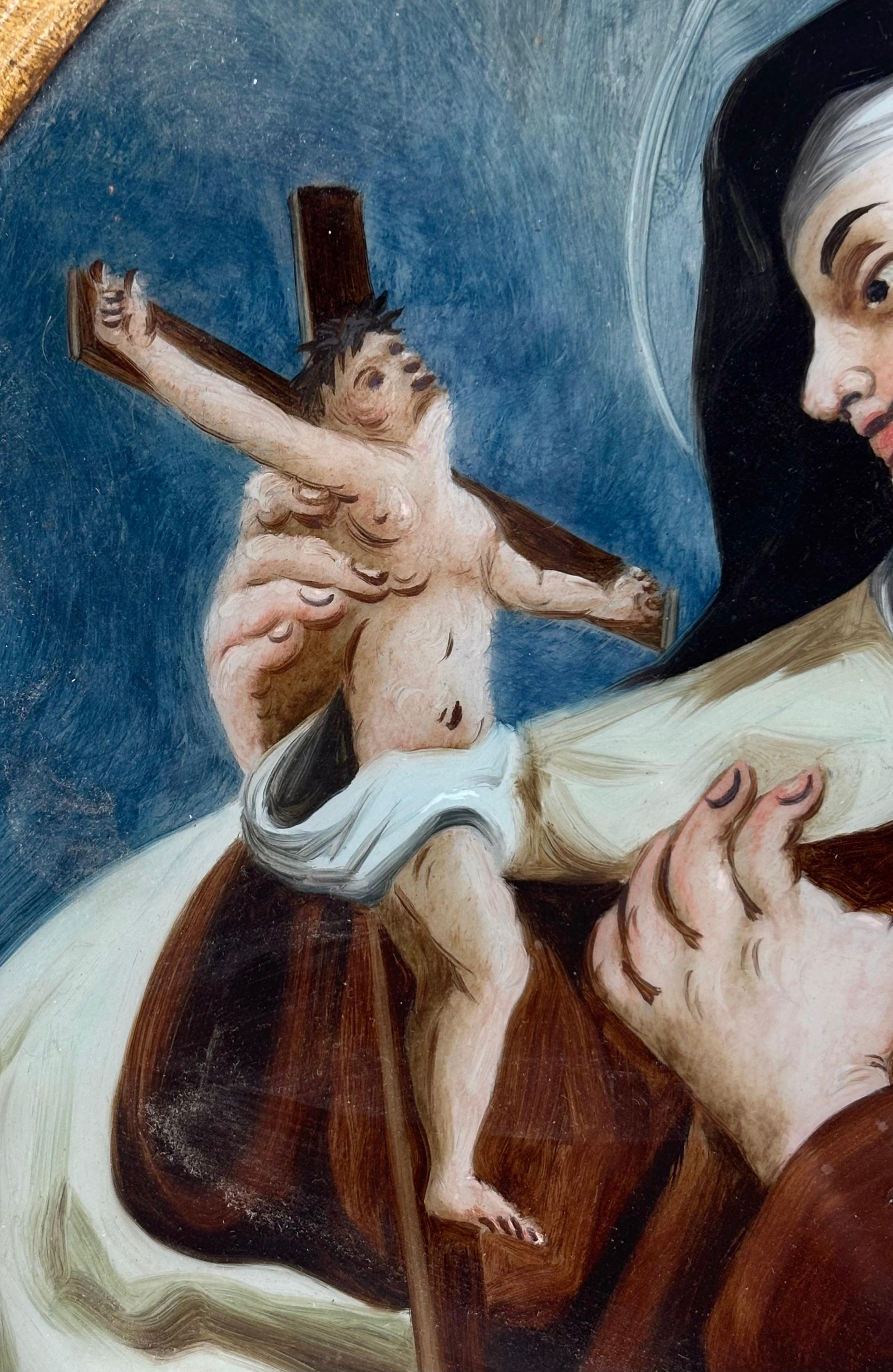 Interesante cristal pintado que representa a Santa Teresa de Jesús de finales del siglo XVIII.

Tiene una falta en la parte superior del marco y pequeña rotura en la parte baja izquierda.

El marco es el original y es de madera dorada.

Medidas