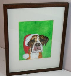Santa's Dog Helper Gouache on Paper, Framed, Signed, 1980s, 8x9"
