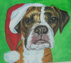 Santa's Dog Helper Gouache on Paper, Framed, Signed, 1980s, 8x9"
