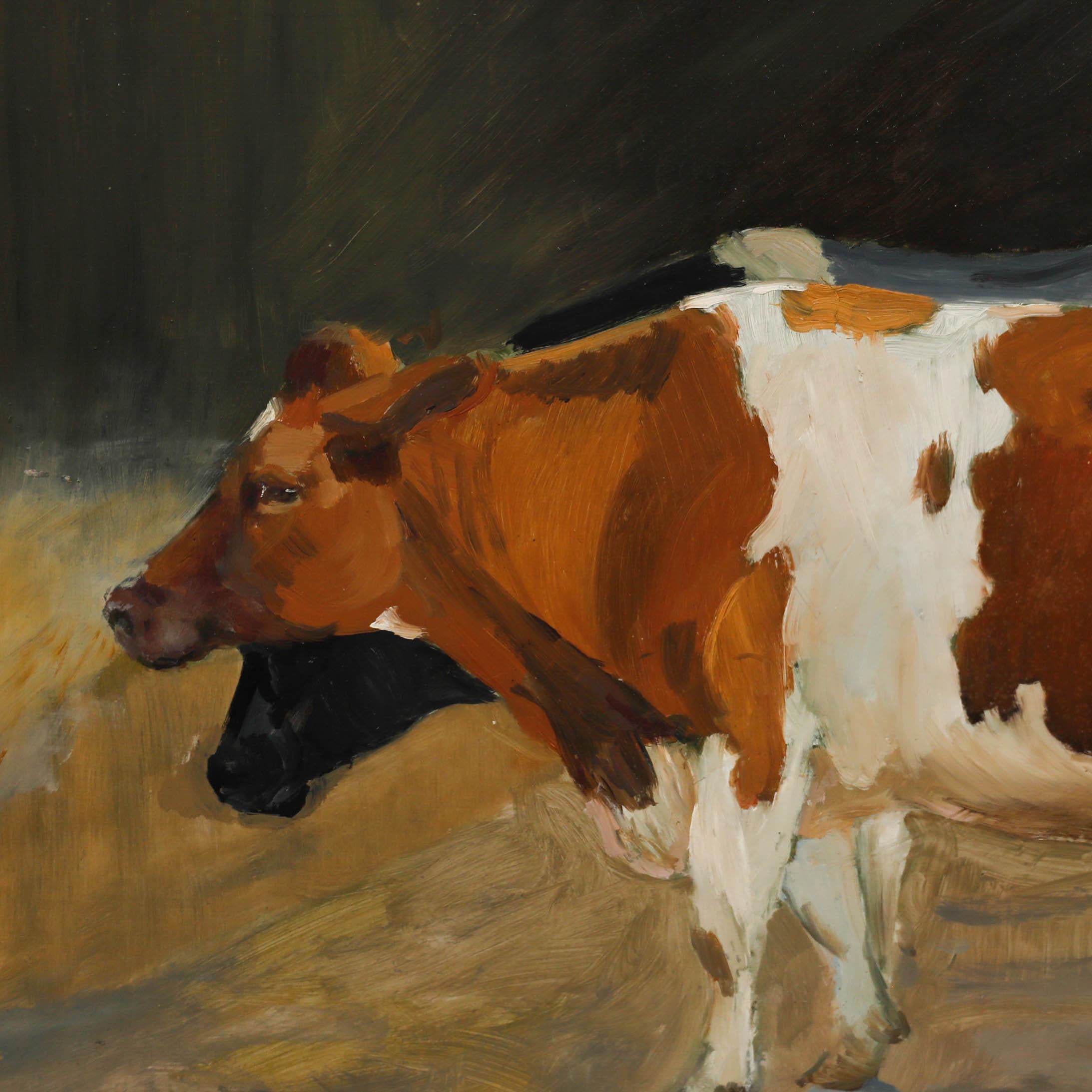 Sarah Norris, 20e siècle, huile sur carton. Étude de trois vaches laitières. Signé et daté (1984) en bas à droite. Présenté dans un cadre en bois peint. 