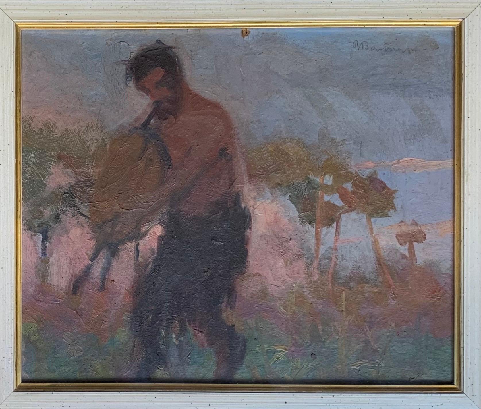 Satyre jouant de la cornemuse au coucher du soleil. La peinture symboliste. Début du 20e siècle 5