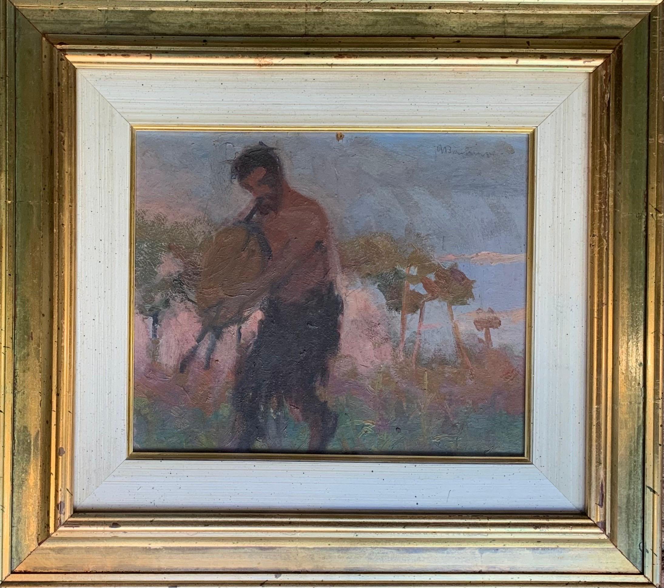 Satyre jouant de la cornemuse au coucher du soleil. La peinture symboliste. Début du 20e siècle 8