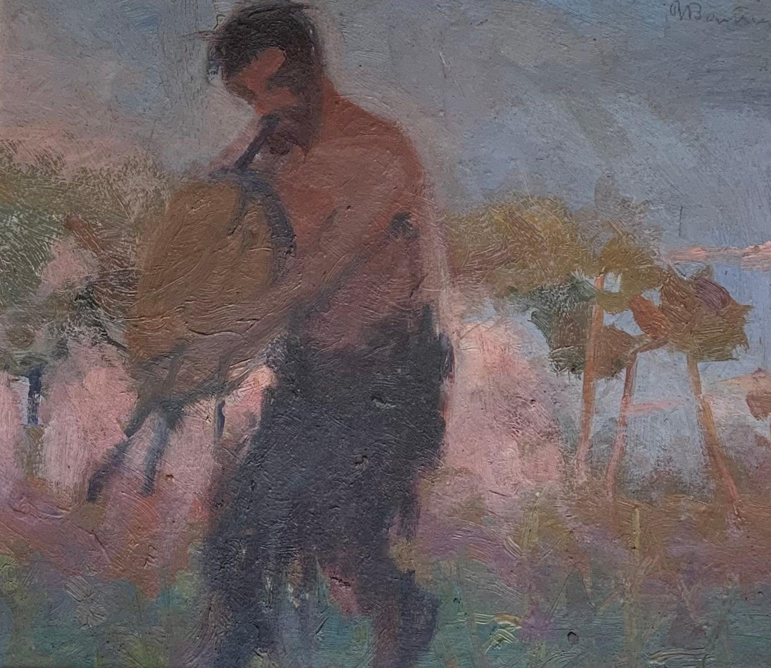 Satyre jouant de la cornemuse au coucher du soleil. La peinture symboliste. Début du 20e siècle - Gray Landscape Painting par Unknown