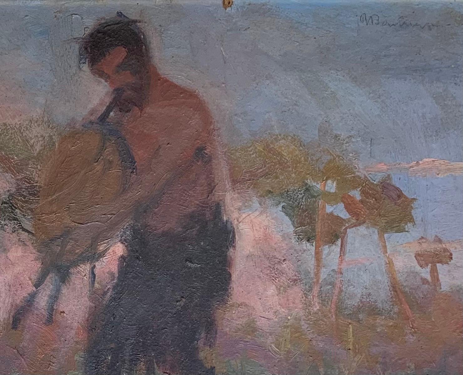 Satyre jouant de la cornemuse au coucher du soleil.
Peinture symboliste du début du 20e siècle
Artiste : B... ( ?) (Signature partiellement lisible, le nom de famille semble commencer par Ben...)
Période : Symbolisme, début du 20e siècle
Technique :