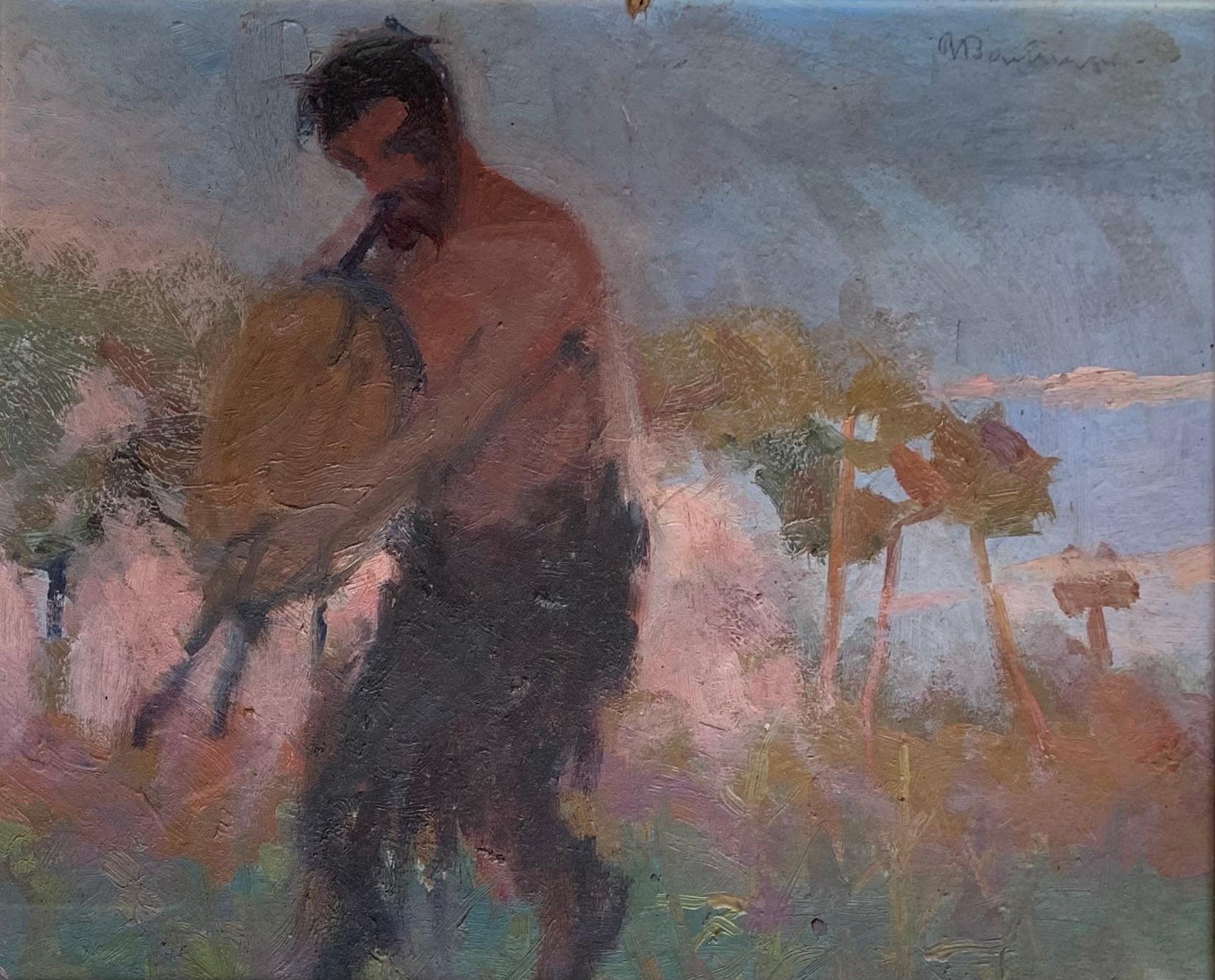 Satyre jouant de la cornemuse au coucher du soleil. La peinture symboliste. Début du 20e siècle 1