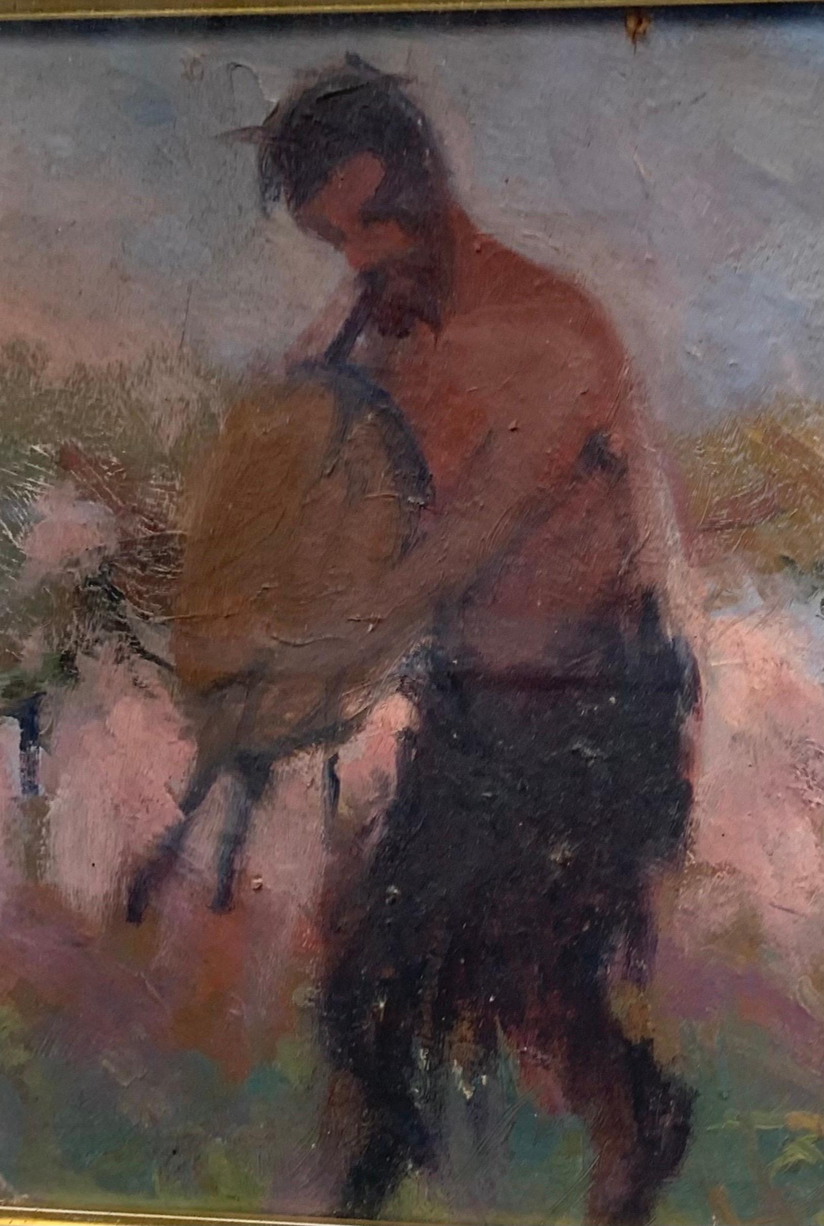 Satyre jouant de la cornemuse au coucher du soleil. La peinture symboliste. Début du 20e siècle 3