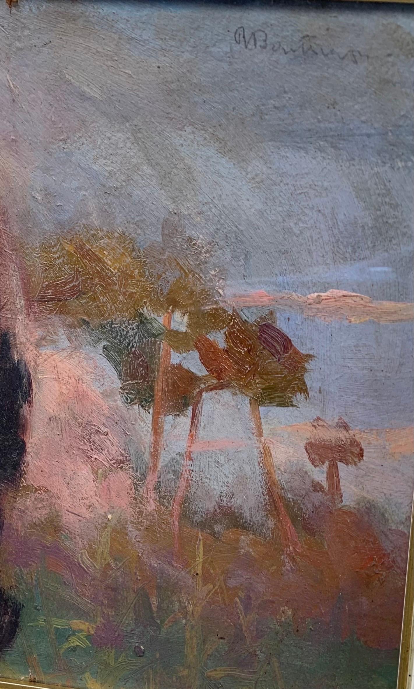Satyre jouant de la cornemuse au coucher du soleil. La peinture symboliste. Début du 20e siècle 4