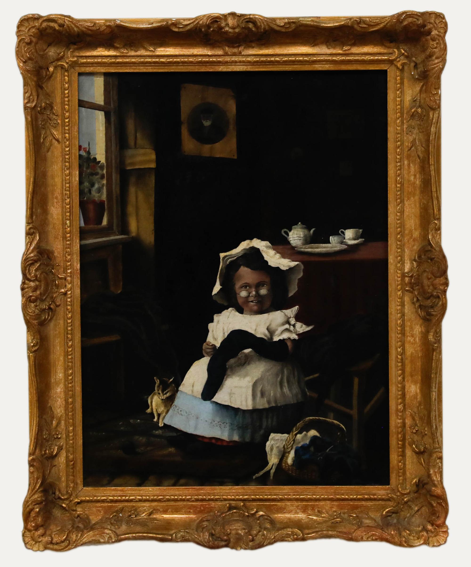 Unknown Portrait Painting – S.C. Jago - 1889 Öl, Näht im Parlour, Ölgemälde