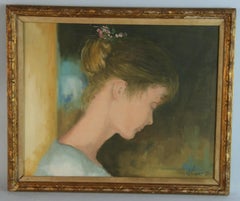 Scandinavian Pensive Young Beauty Oil Painting, Framed, Signed, 1950s