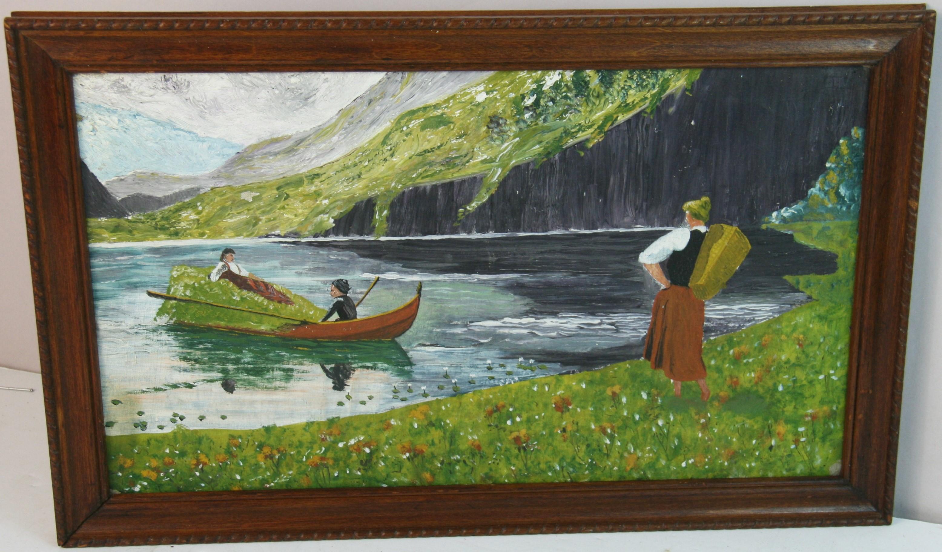 Landscape Painting di Unknown - Donne scandinave sulle rive dei fiordi norvegesi