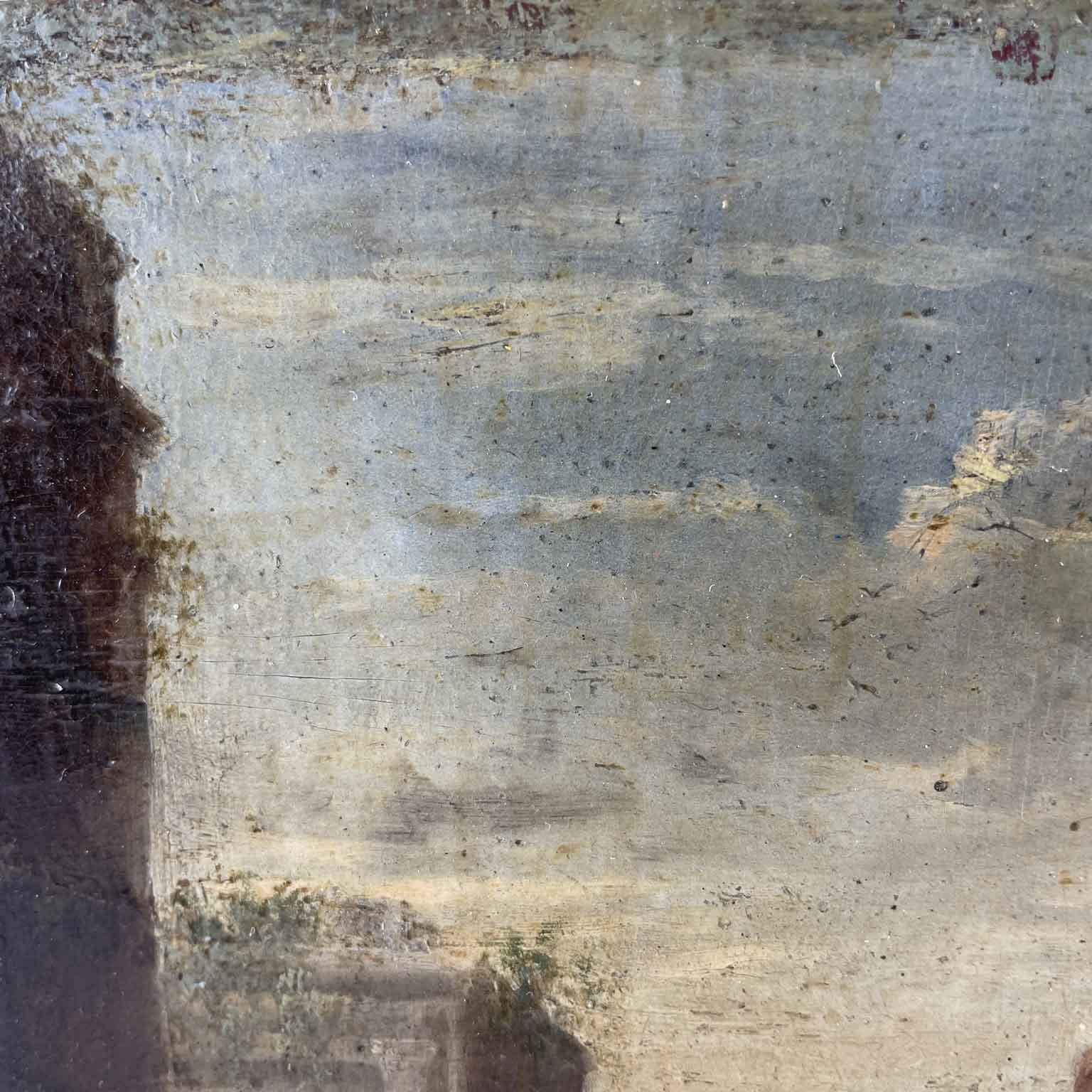17th-century Flemish oil-on-copper painting depicting a foreshortened landscape with figures, a genre scene with a multitude of crowded characters in a street with classical architecture in the background. On the left side of the composition, on a