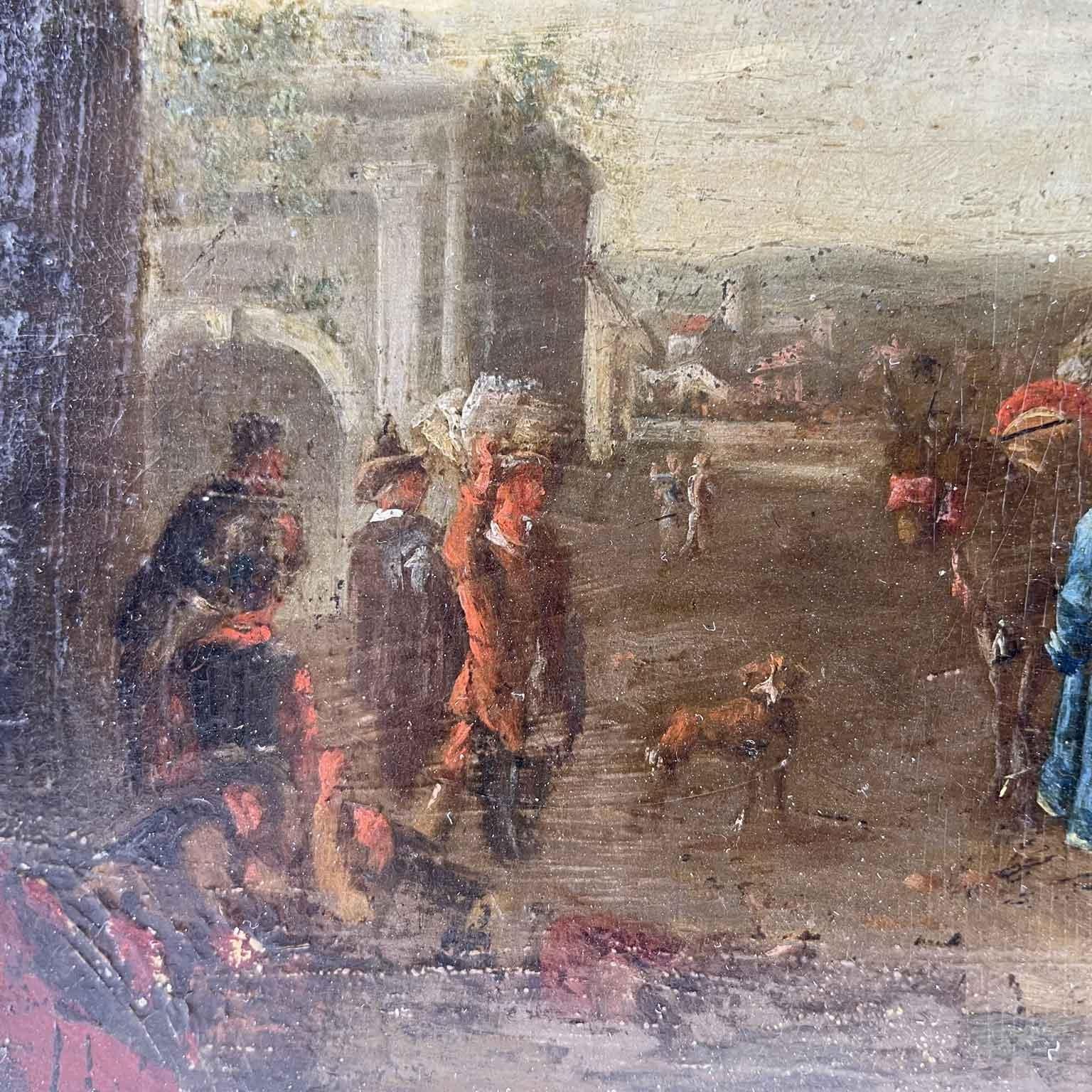 Scene of Genre Comedy of Arts in the Square Flemish Oil Painting on Copper 1650 For Sale 2