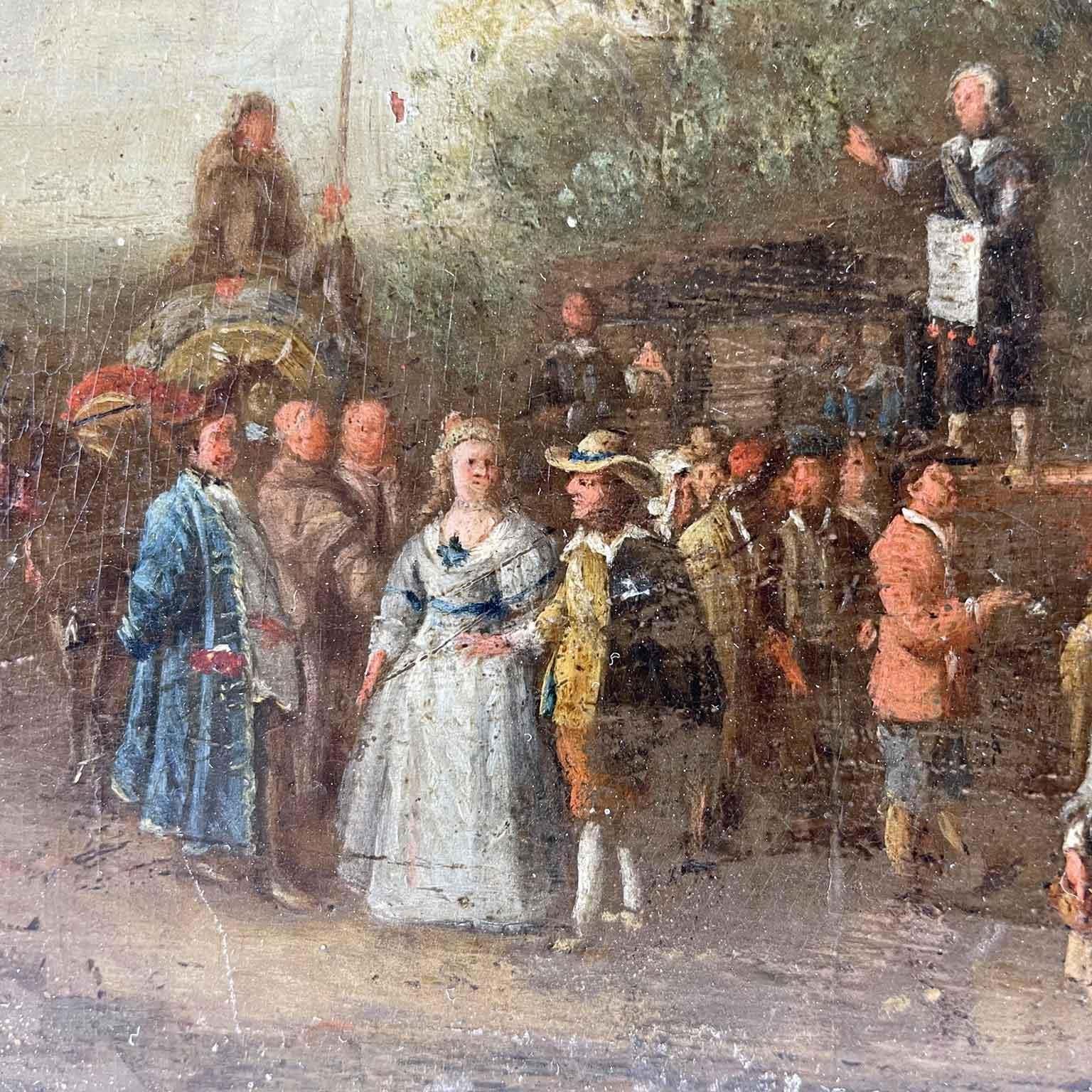 Scene of Genre Comedy of Arts in the Square Flemish Oil Painting on Copper 1650 For Sale 3