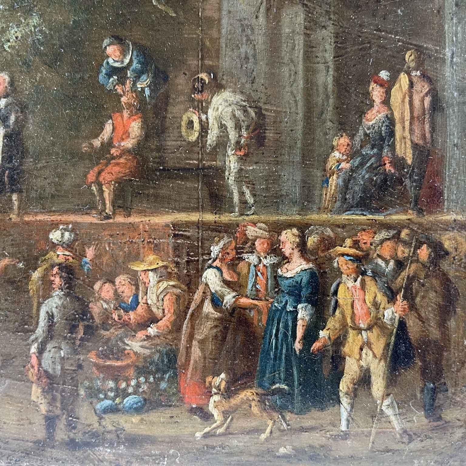 Scene of Genre Comedy of Arts in the Square Flemish Oil Painting on Copper 1650 For Sale 4