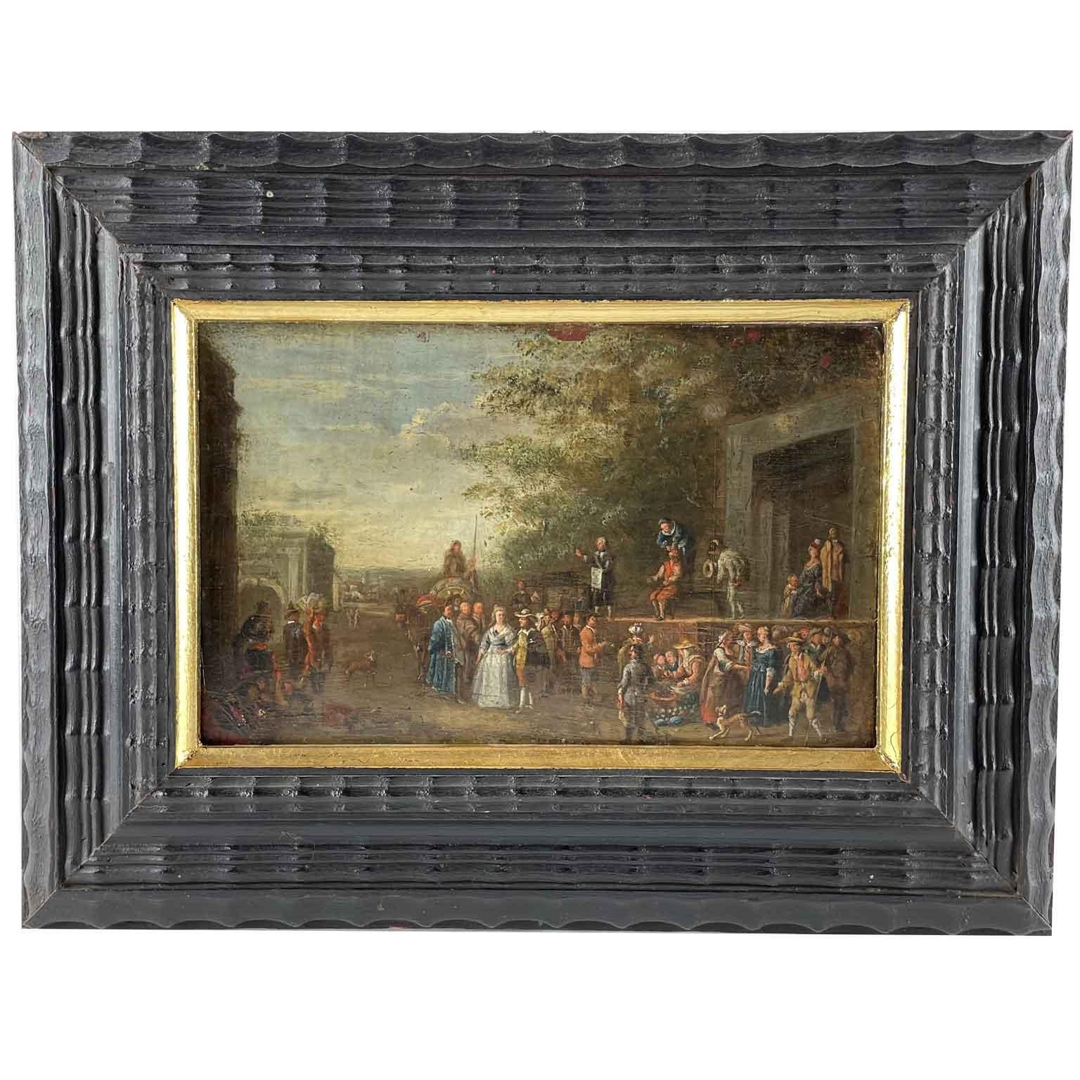Scene of Genre Comedy of Arts in the Square Flemish Oil Painting on Copper 1650 For Sale 5