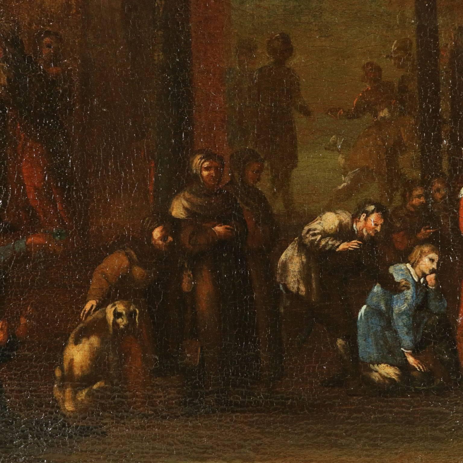 Oil on canvas. On the back, a label belonging to an antique dealer and attributable to the setting of Giuseppe Maria Crespi (1665-1747). The lively scene full of characters is set at the gates of a barn. In the middle, the woman who is looking at