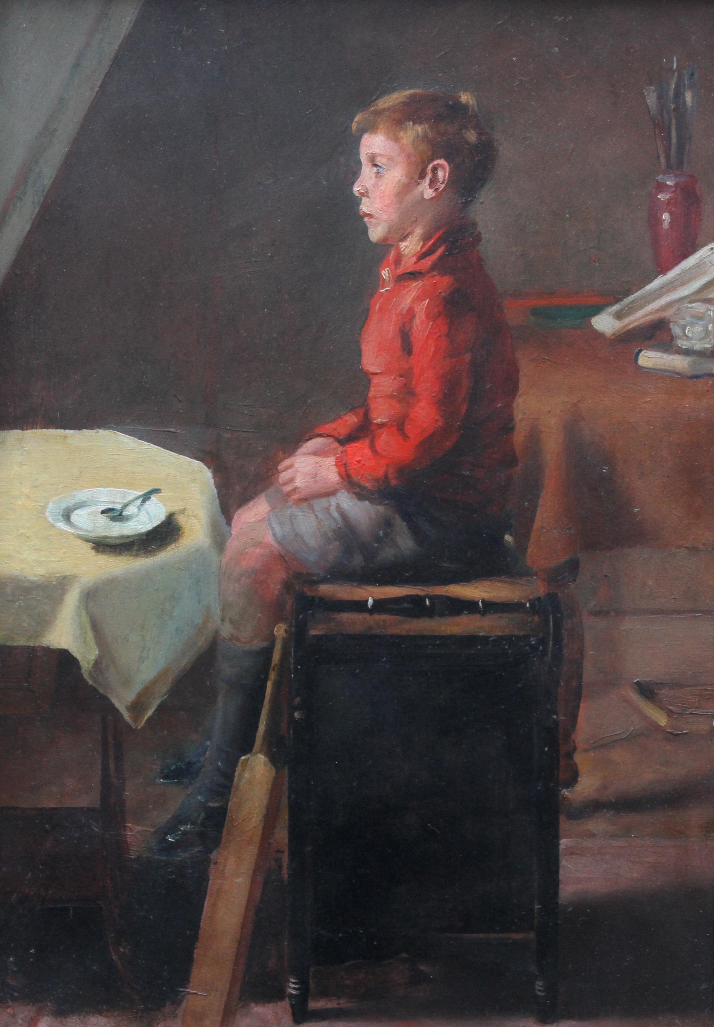 Schoolboy with Cricket Bat - British Slade School art 30's portrait oil painting - Painting by Unknown