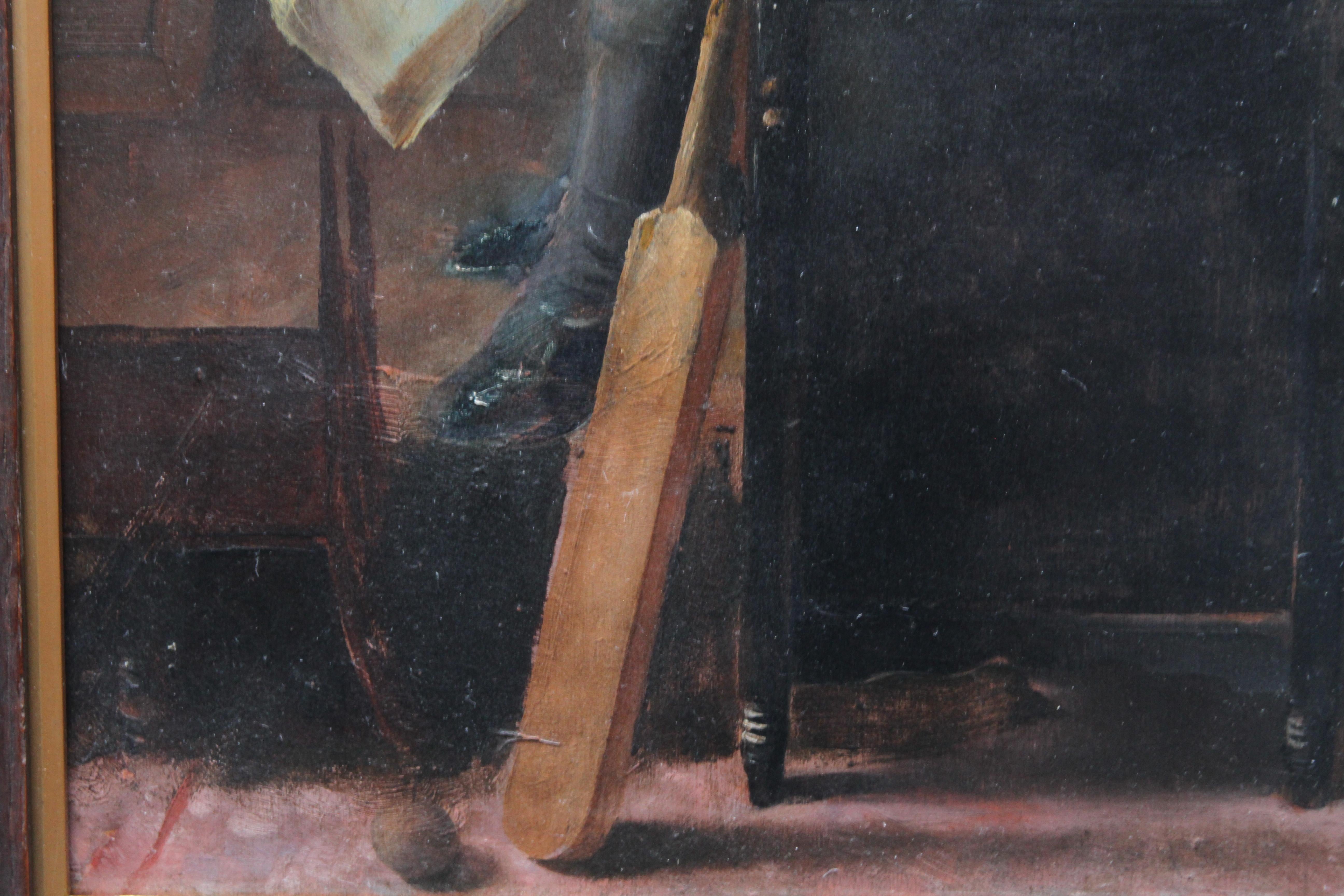 Schoolboy with Cricket Bat - British Slade School art 30's portrait oil painting - Black Portrait Painting by Unknown