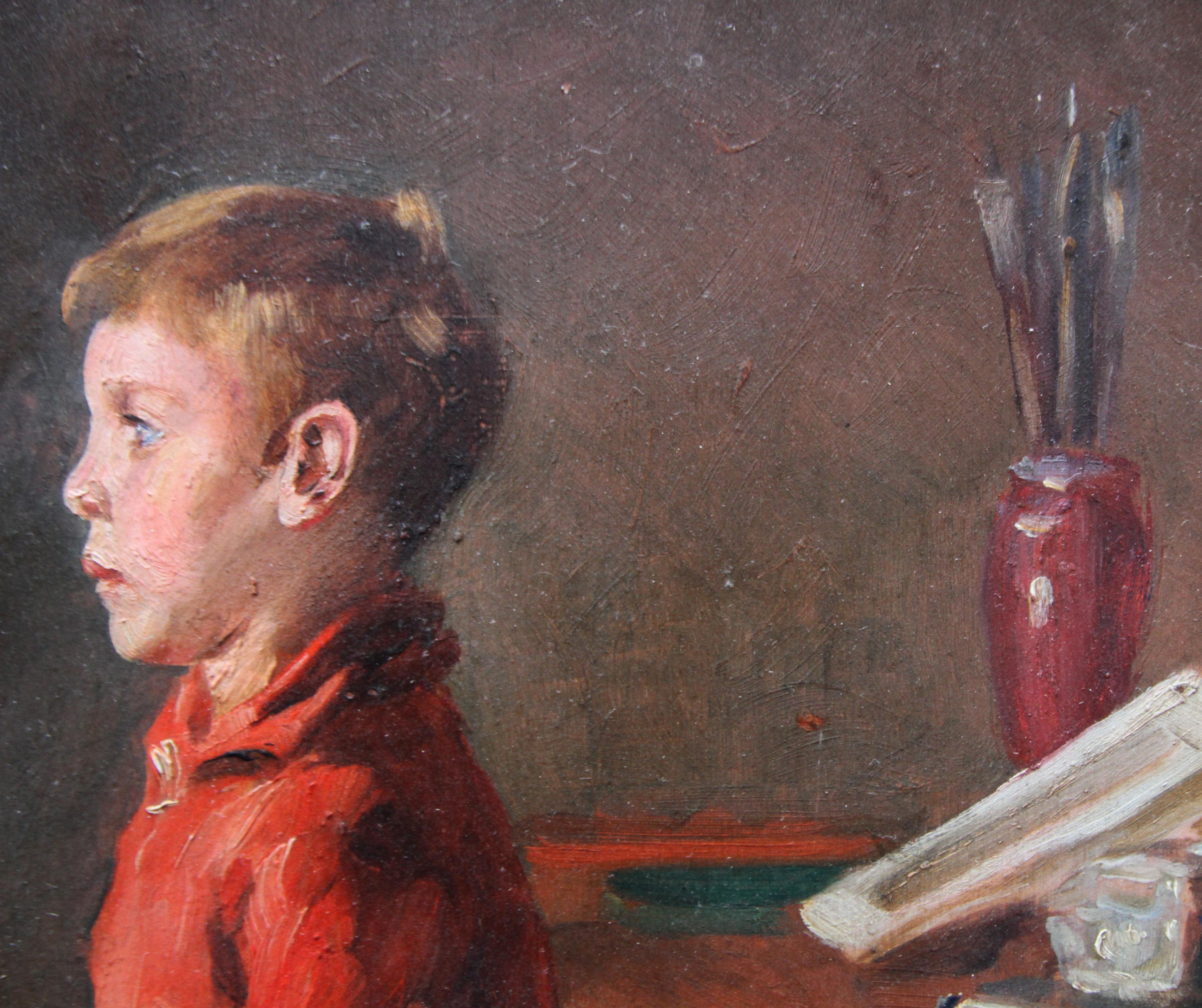 Schoolboy with Cricket Bat - British Slade School art 30's portrait oil painting 1