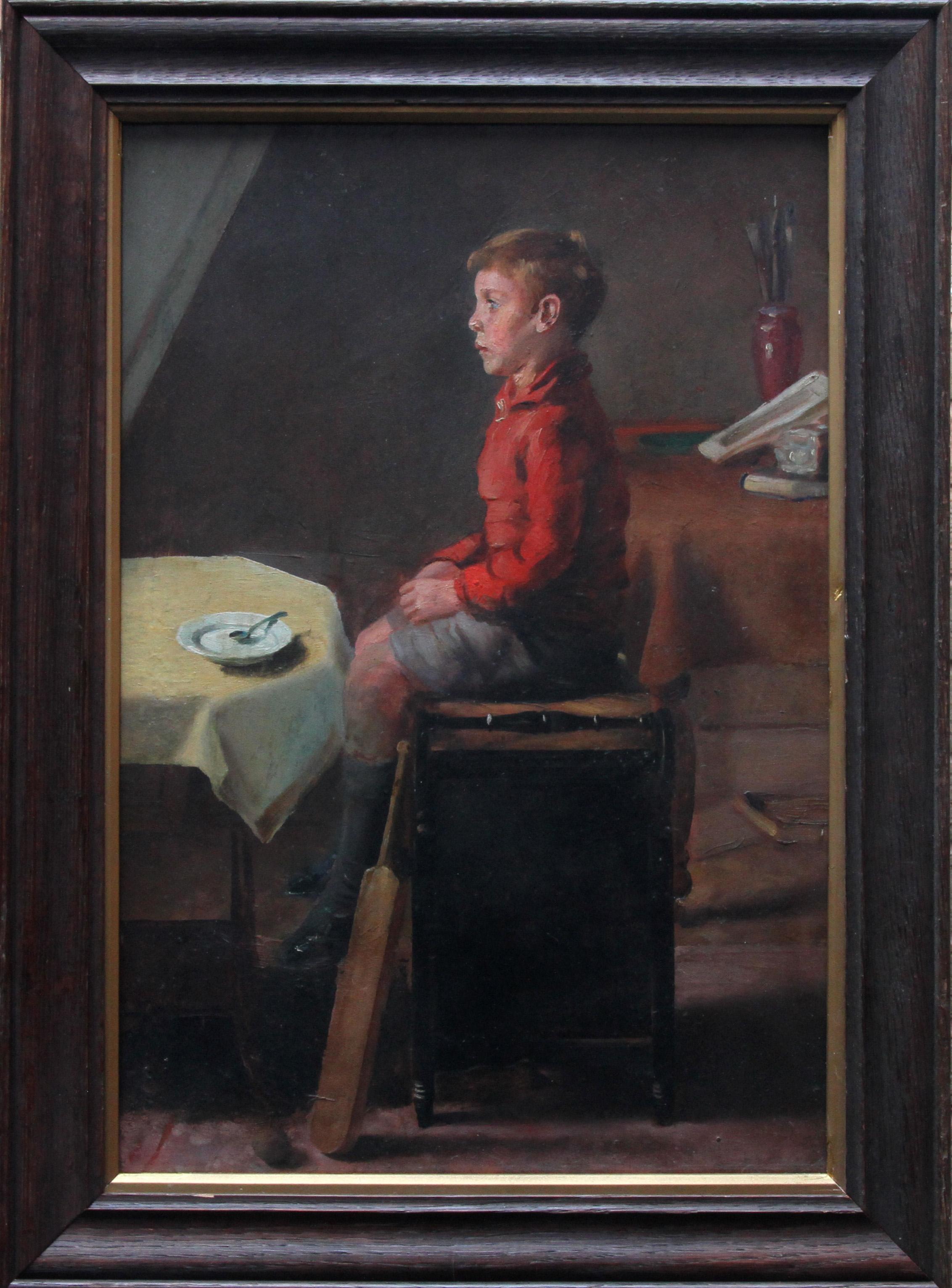 Unknown Portrait Painting - Schoolboy with Cricket Bat - British Slade School art 30's portrait oil painting