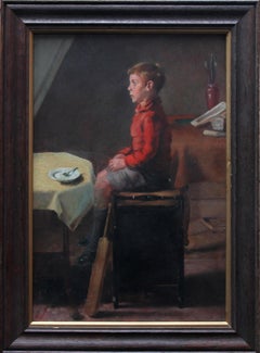 Vintage Schoolboy with Cricket Bat - British Slade School art 30's portrait oil painting