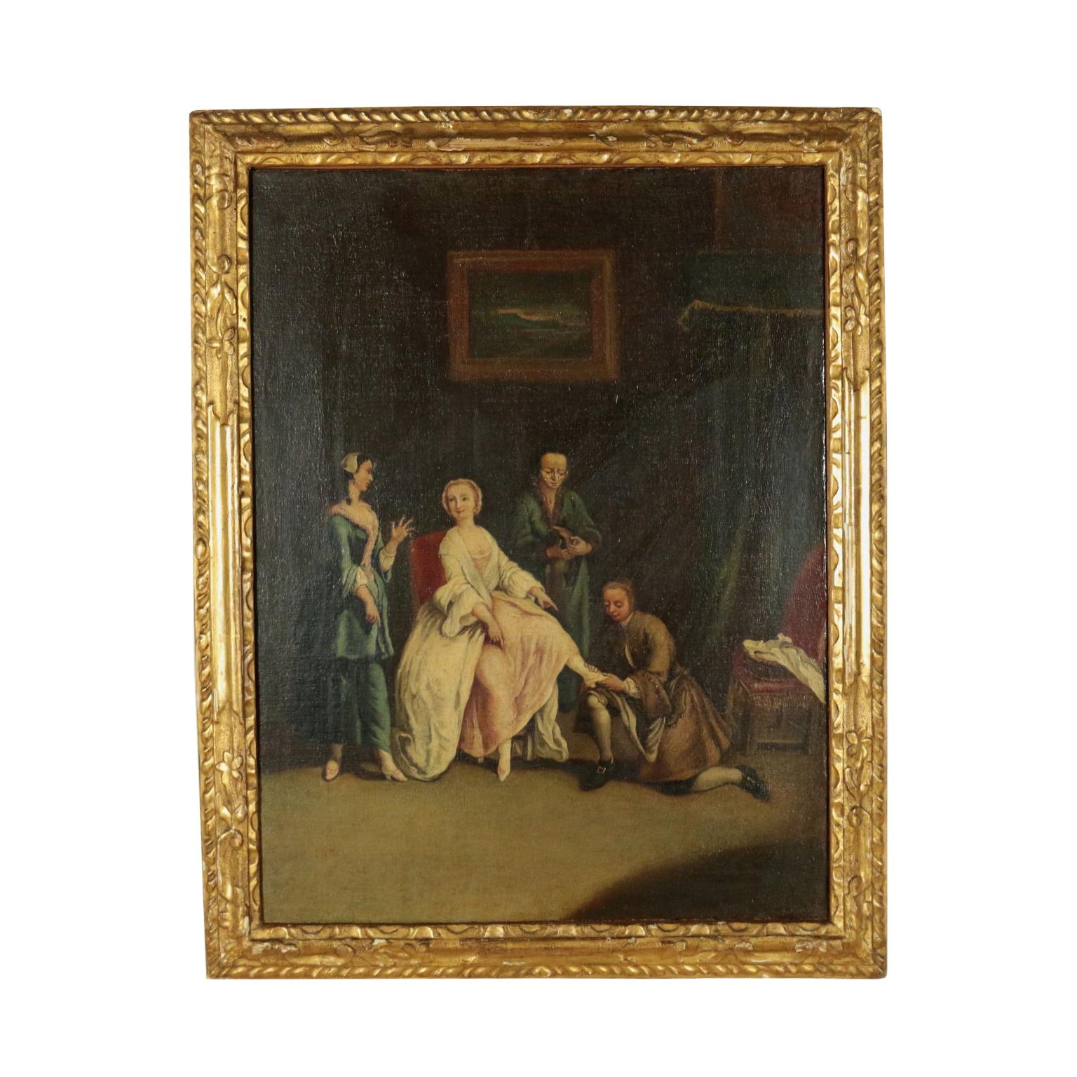 Unknown Figurative Painting - Scope Of Pietro Longhi Oil On Canvas Second Half '700, Trying on the shoe