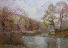 Pittura a olio impressionista scozzese dei primi del Novecento Scena fluviale di pesca con la mosca