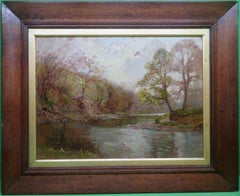 Pittura a olio impressionista scozzese dei primi del Novecento Scena fluviale di pesca con la mosca