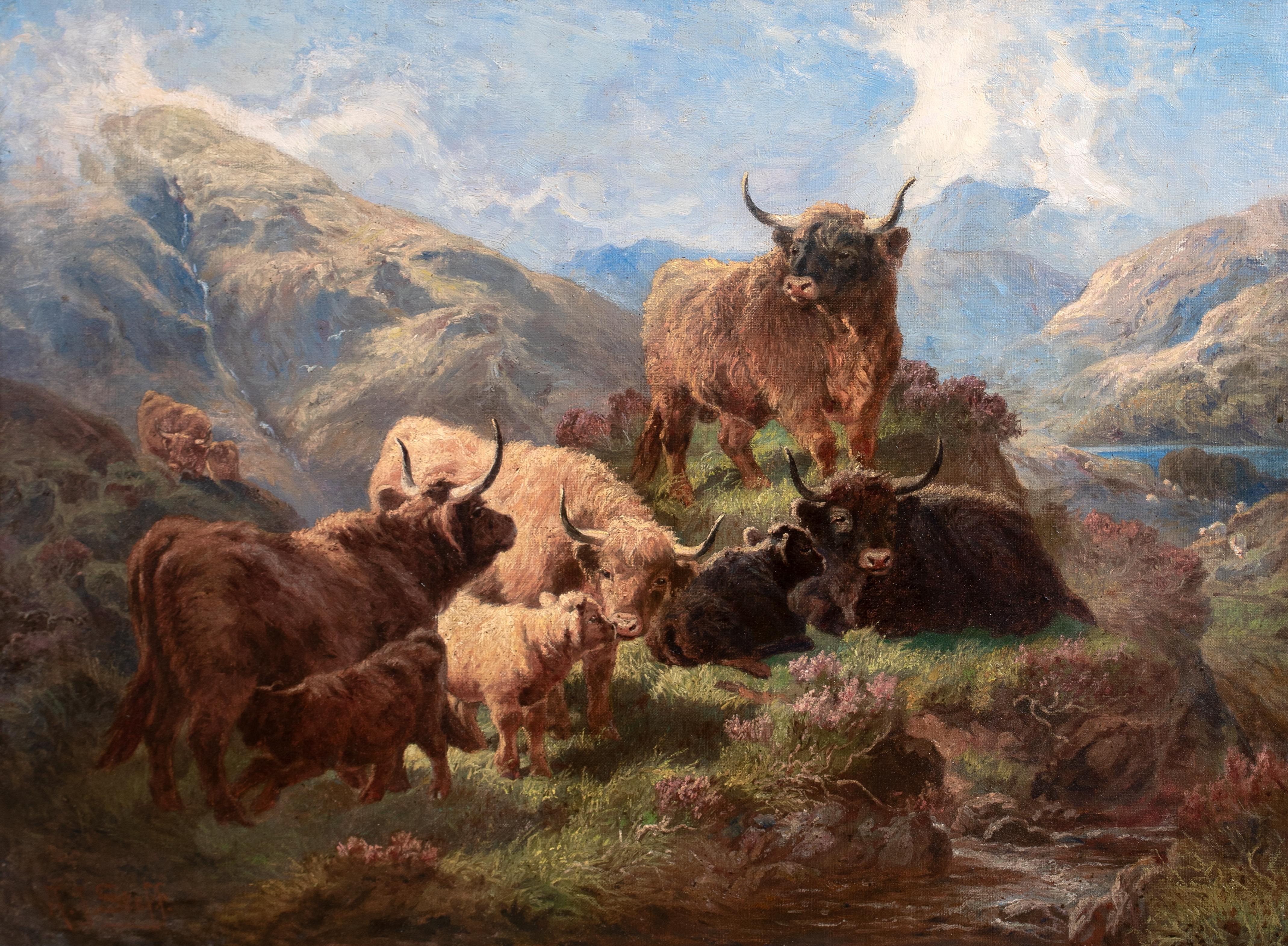 Bovini delle Highlands scozzesi vicino al lago, XIX secolo  da ALOIS STOFF (1846-1890) - Landscape Painting Marrone di Unknown
