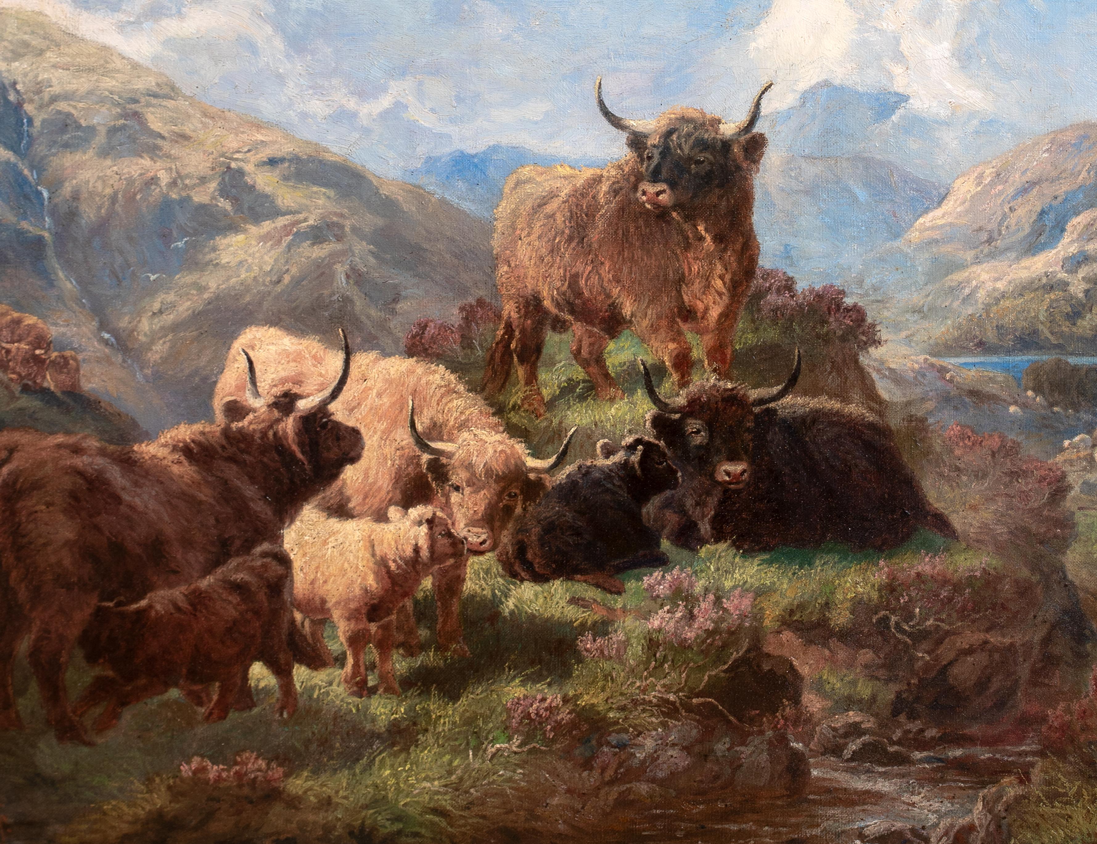 Bovini delle Highlands scozzesi vicino al lago, XIX secolo  da ALOIS STOFF (1846-1890) in vendita 1