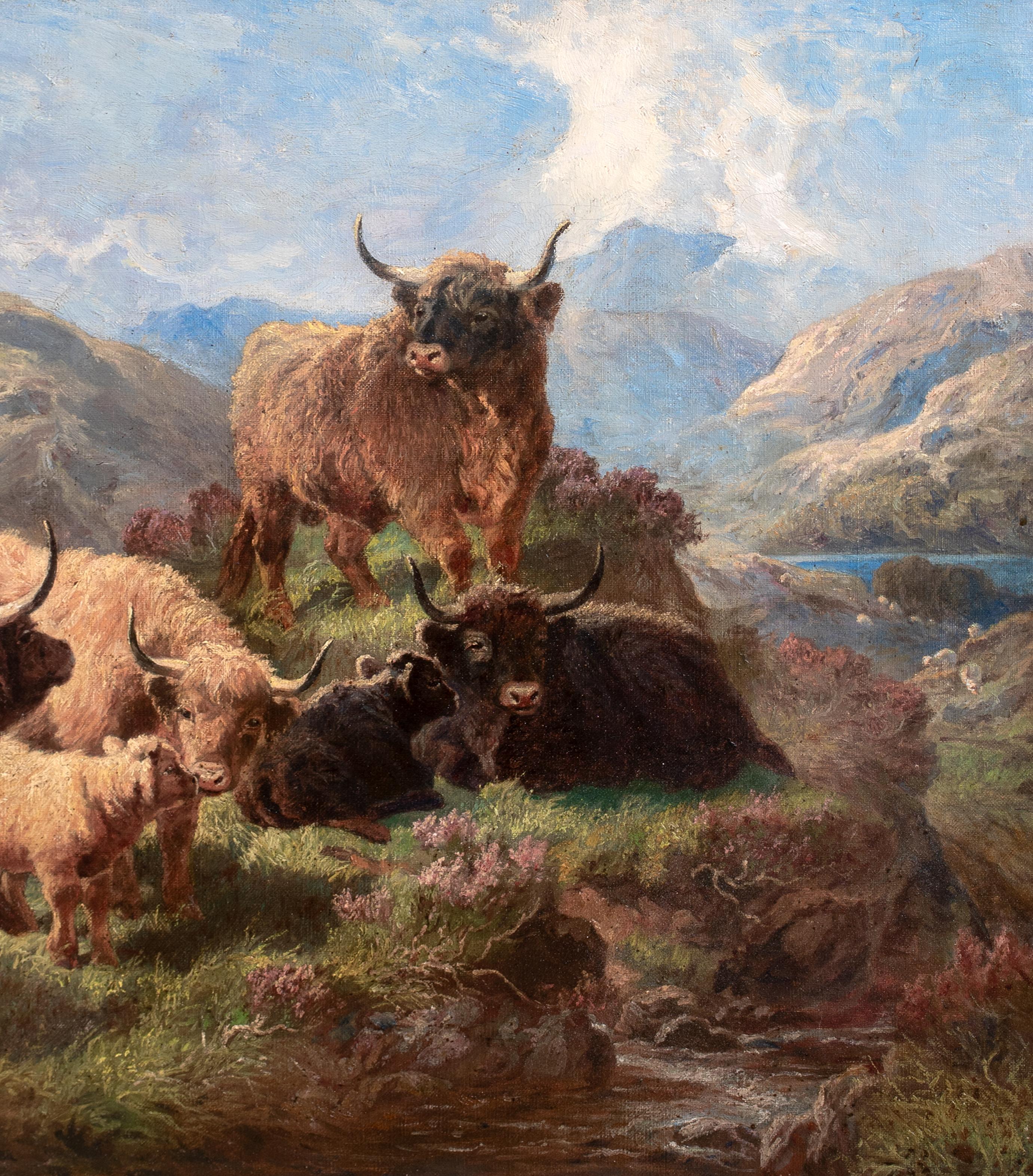 Bovini delle Highlands scozzesi vicino al lago, XIX secolo  da ALOIS STOFF (1846-1890) in vendita 2