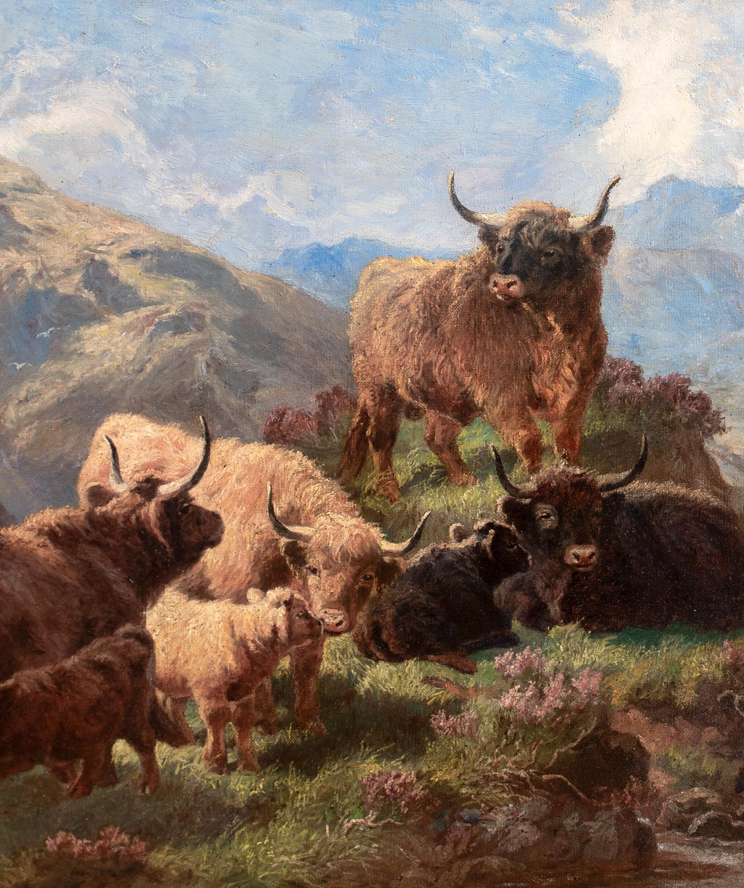 Bovini delle Highlands scozzesi vicino al lago, XIX secolo  da ALOIS STOFF (1846-1890) in vendita 3