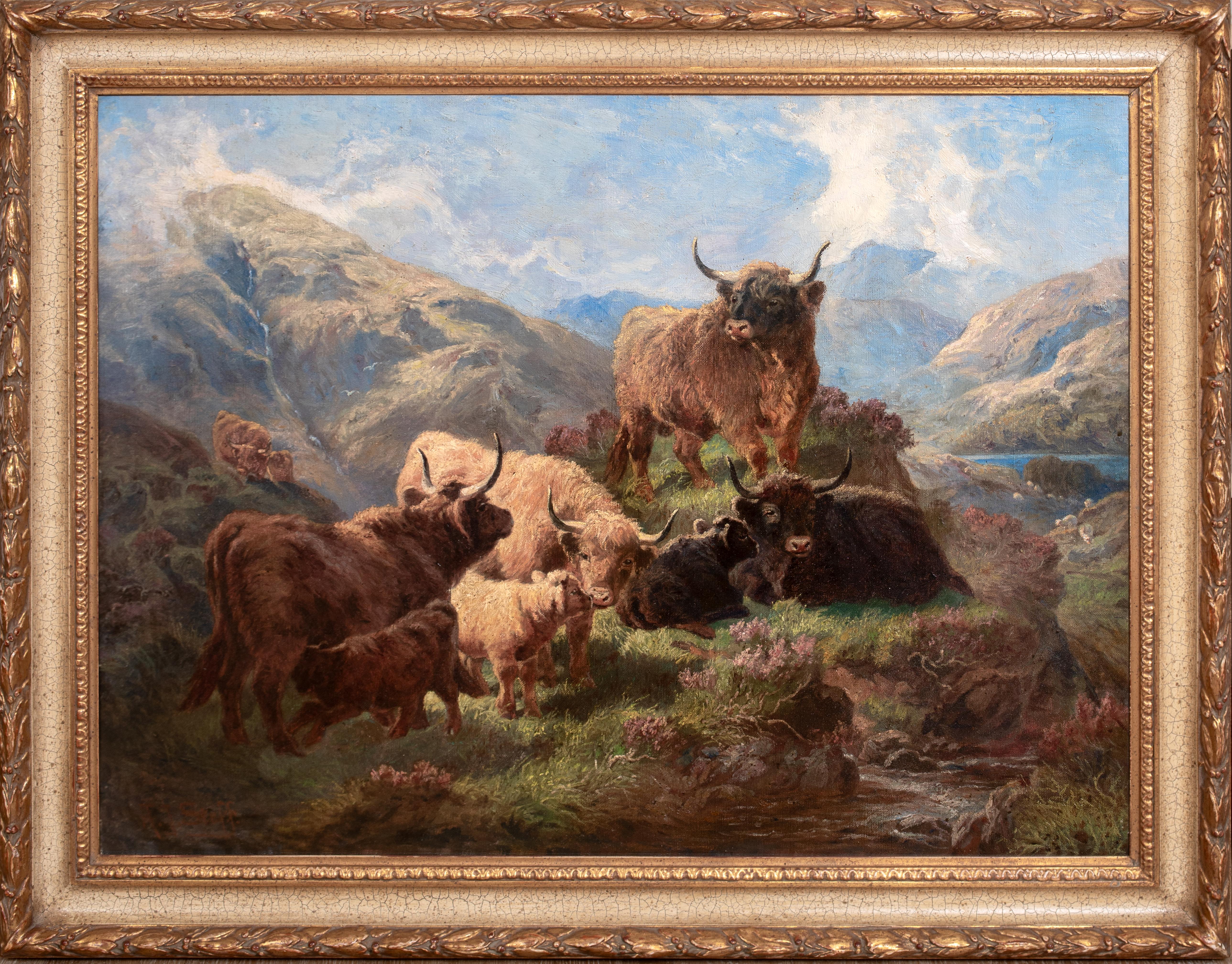Landscape Painting di Unknown - Bovini delle Highlands scozzesi vicino al lago, XIX secolo  da ALOIS STOFF (1846-1890)