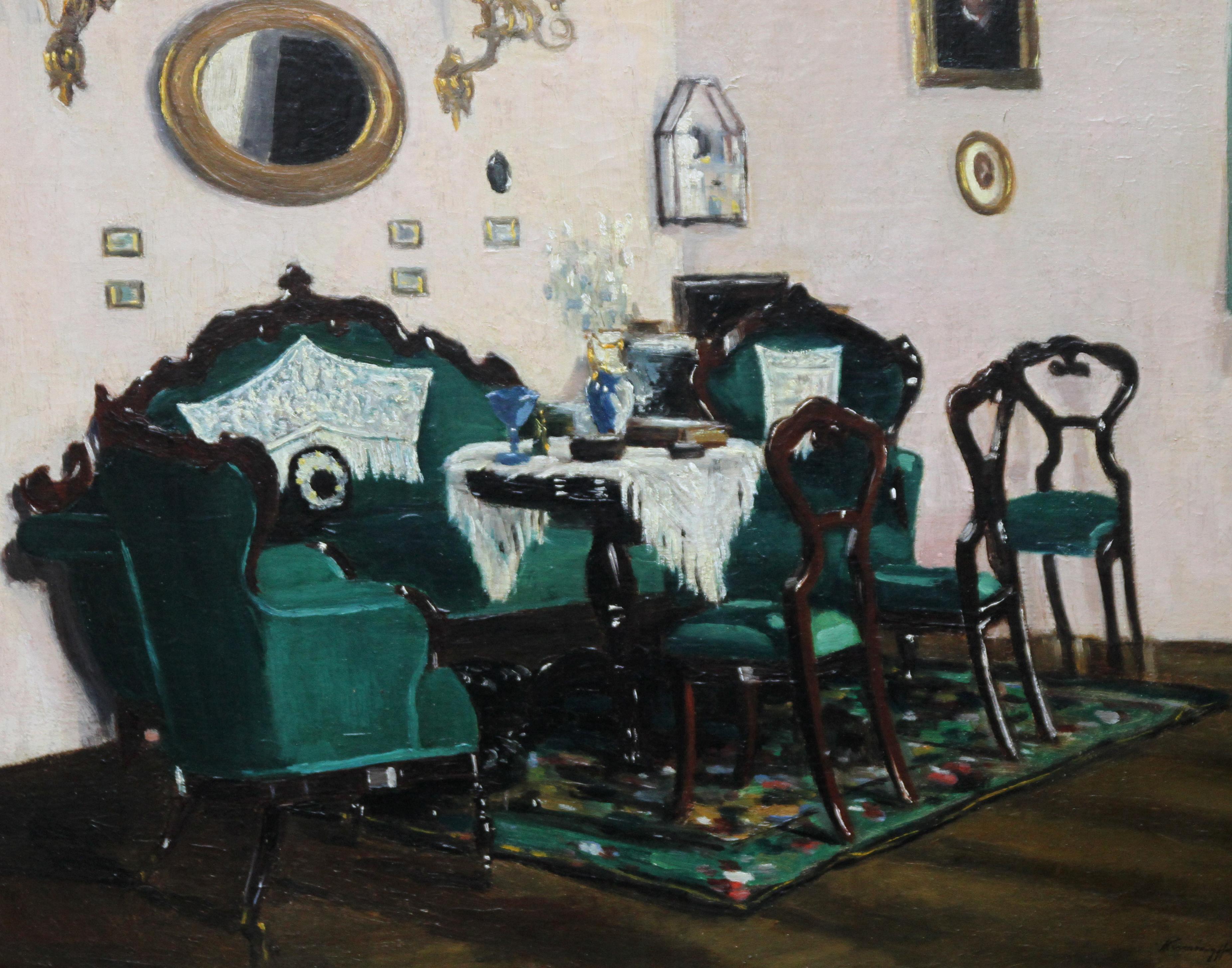 schottisches Interieur – edwardianisches Ölgemälde, Wohnzimmer, vergoldeter Rahmen (Impressionismus), Painting, von Unknown
