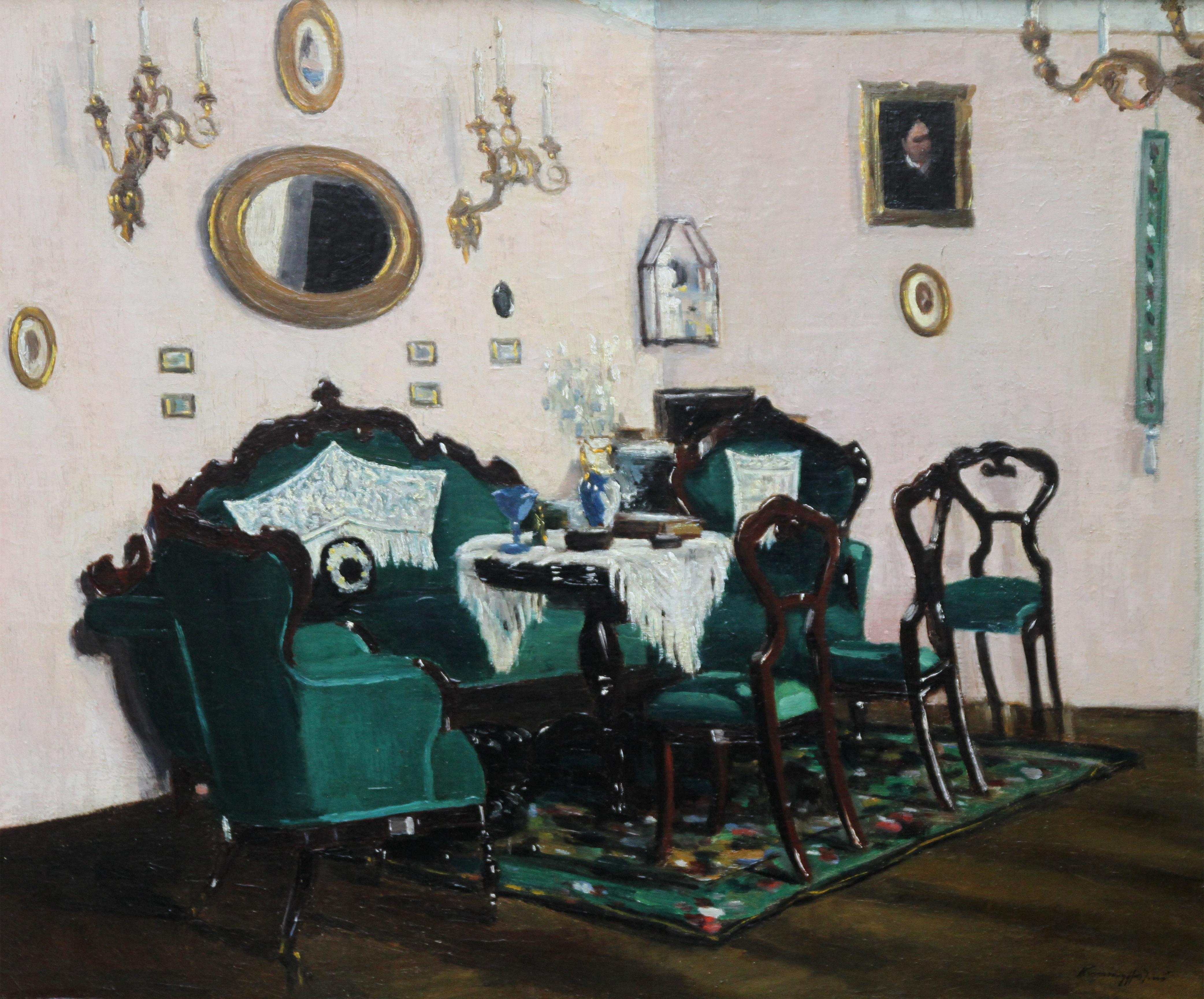 Scottish Interior - Edwardian art oil painting sitting room interior gilt frame For Sale 4