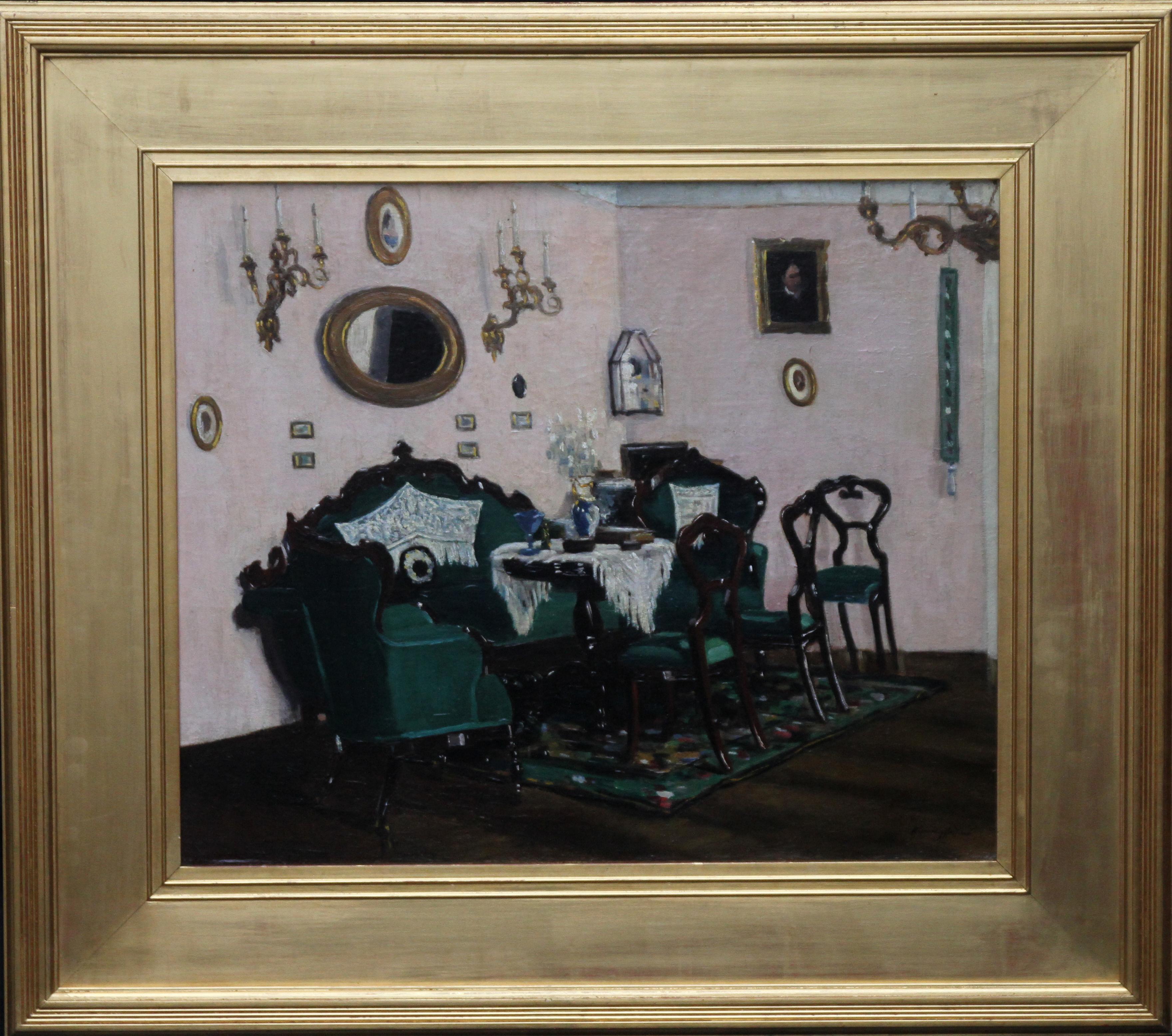 Scottish Interior - Edwardian art oil painting sitting room interior gilt frame For Sale 5