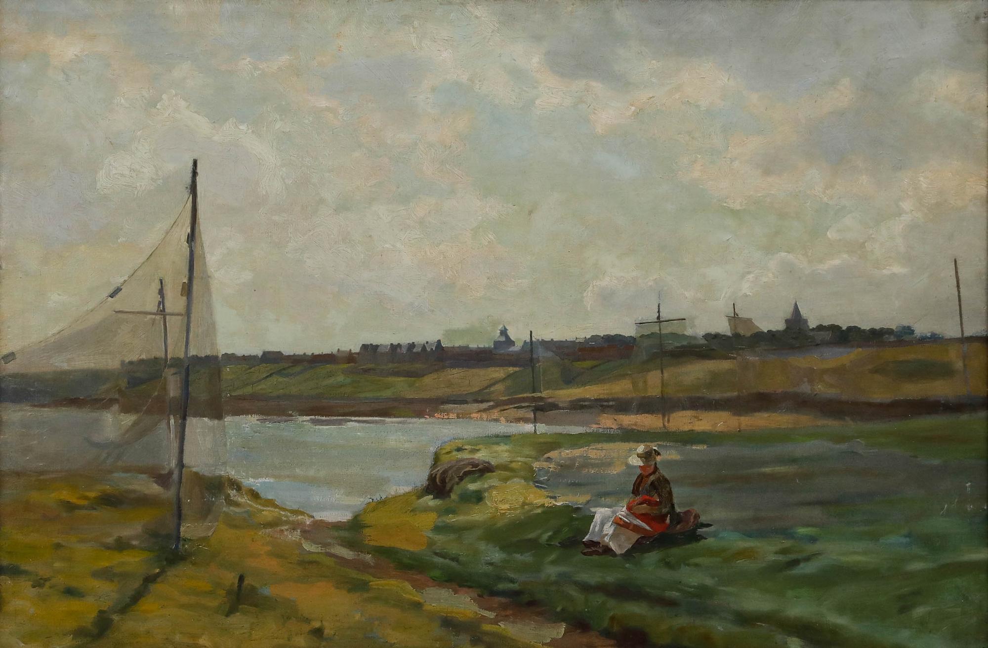 Scottish School 19th Century Oil - Drying the Nets - Painting by Unknown