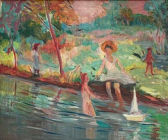 Scuola Francese Post-impressionista "Figure sul fiume" inizi XX secolo
