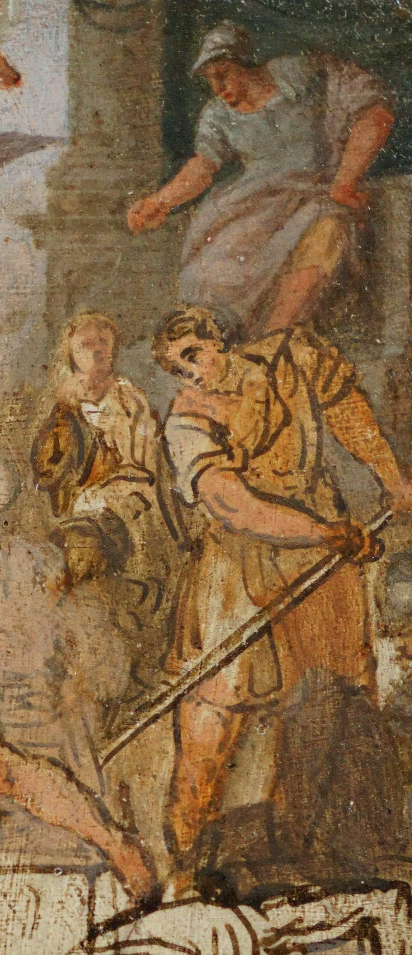 Fascinating preparatory sketch, oil on walnut wood, depicting 