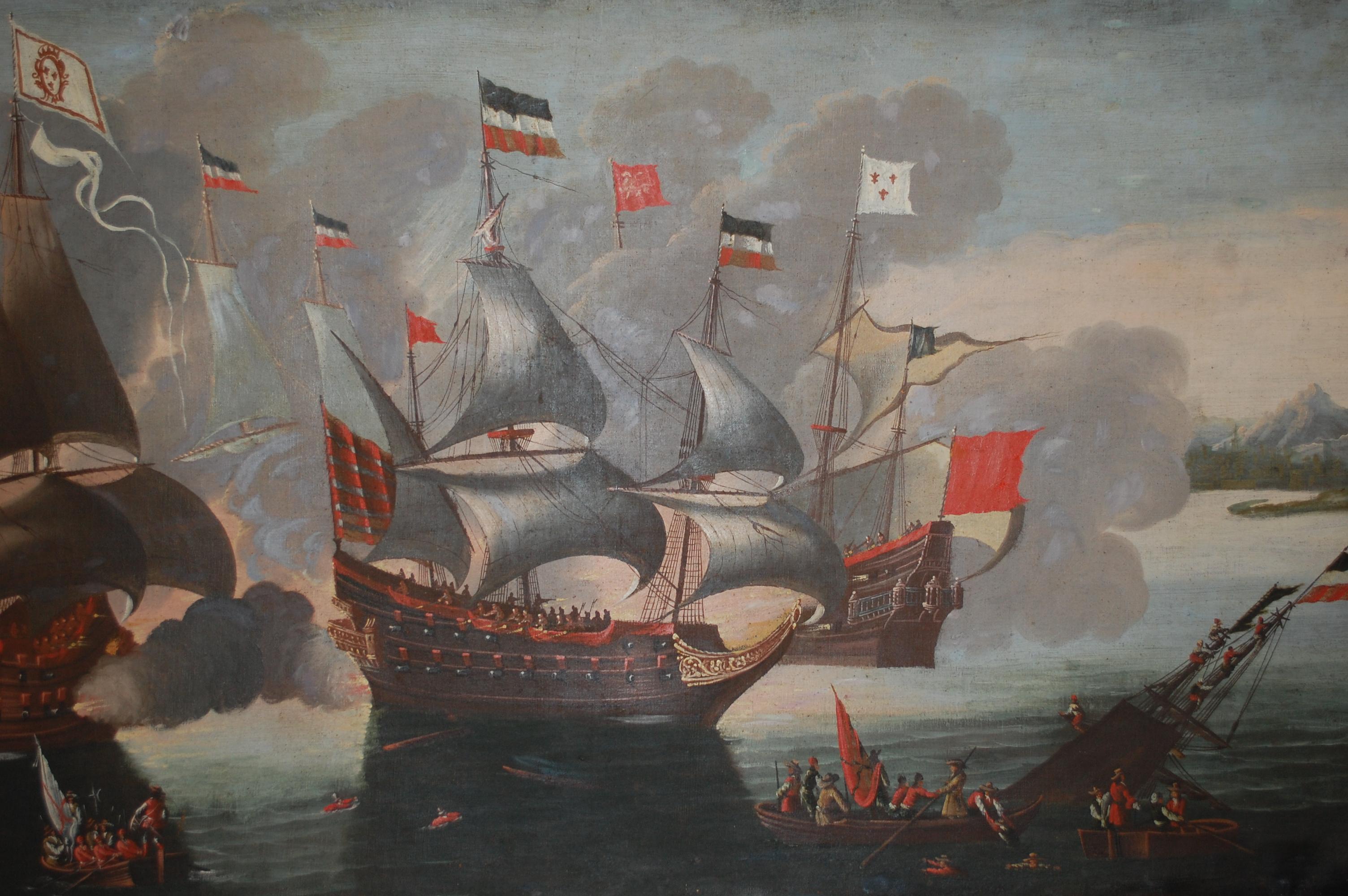 Large 19th Century European Sea Battle War Ships - Painting by Unknown