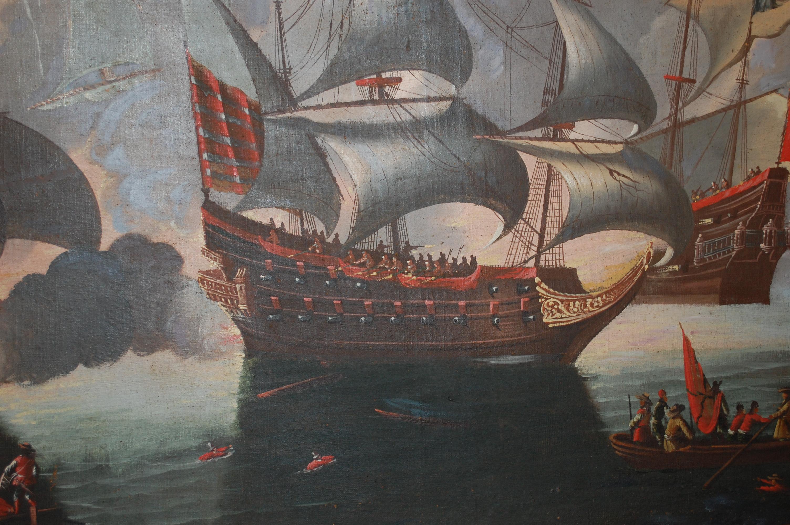 Large 19th Century European Sea Battle War Ships - Dutch School Painting by Unknown