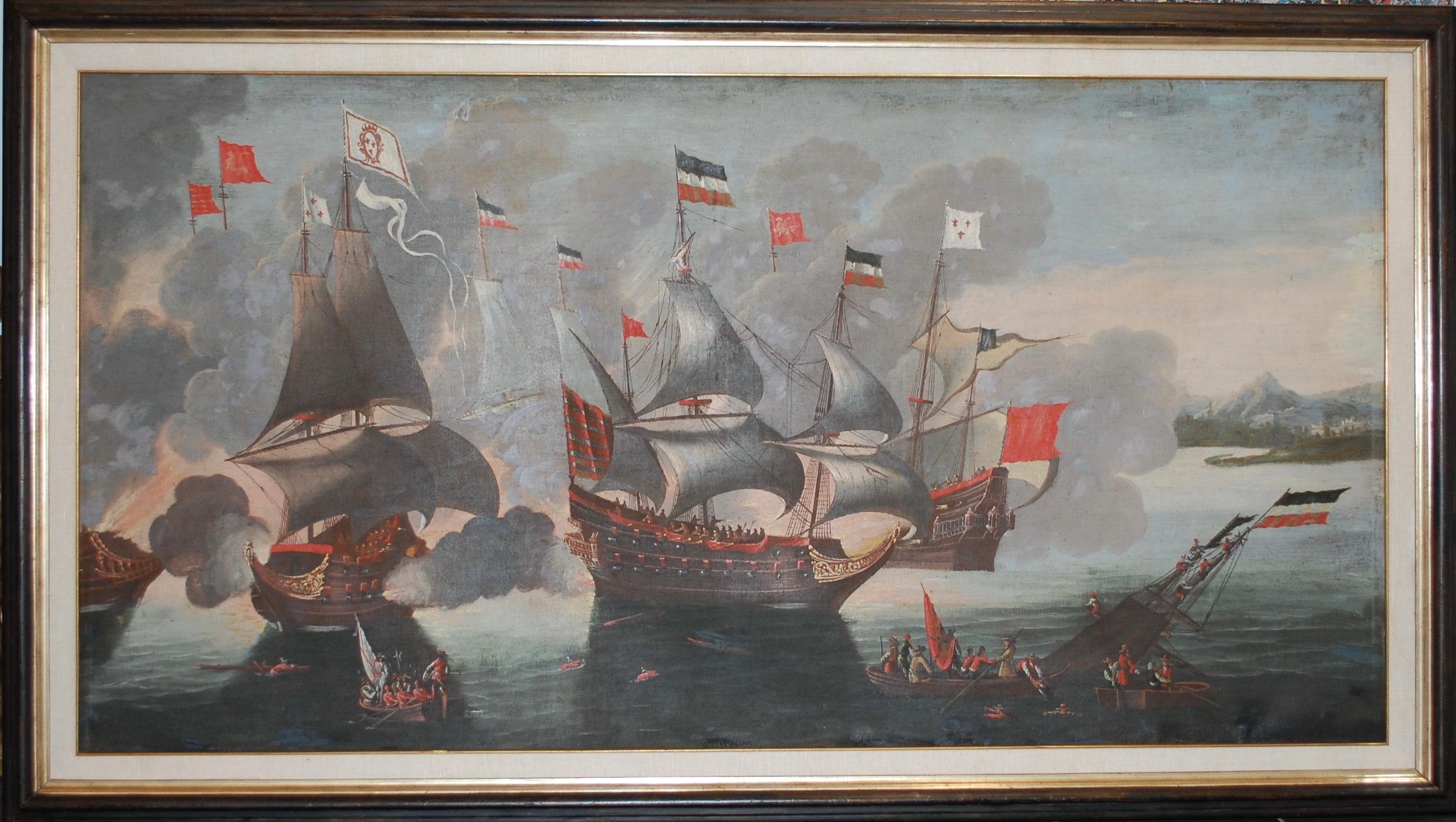Unknown Landscape Painting - Large 19th Century European Sea Battle War Ships