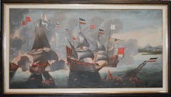 Antique Large 19th Century European Sea Battle War Ships