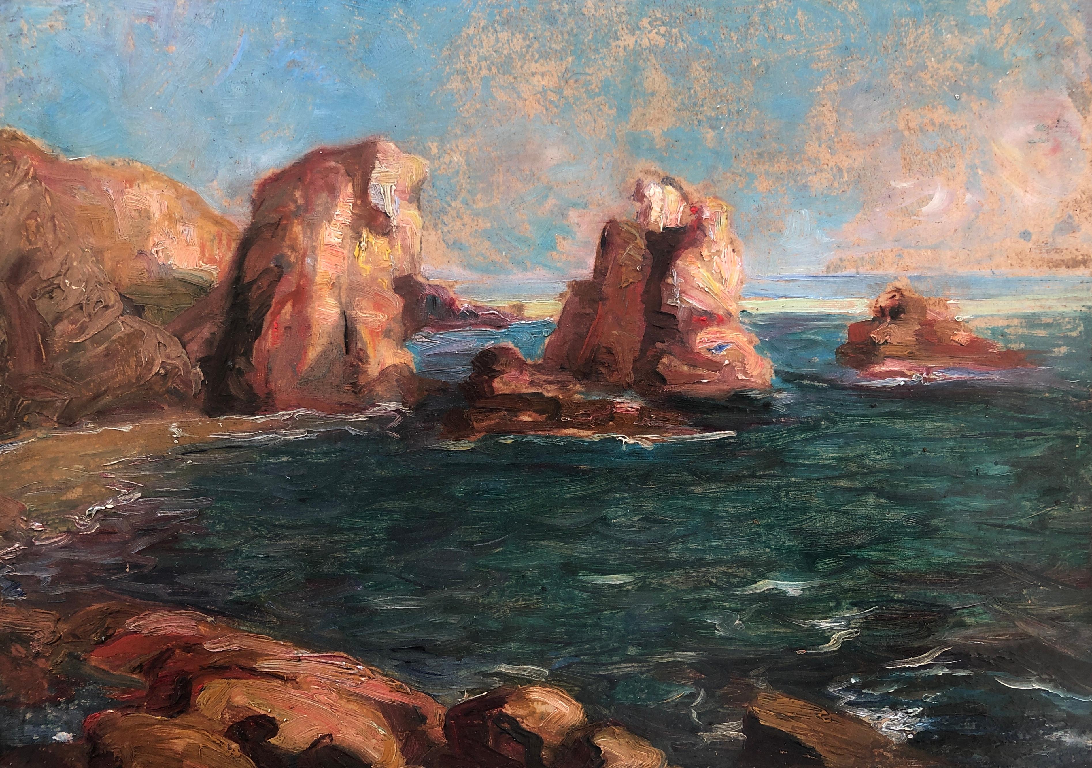 Landscape Painting de Unknown - Paisaje marino y rocas