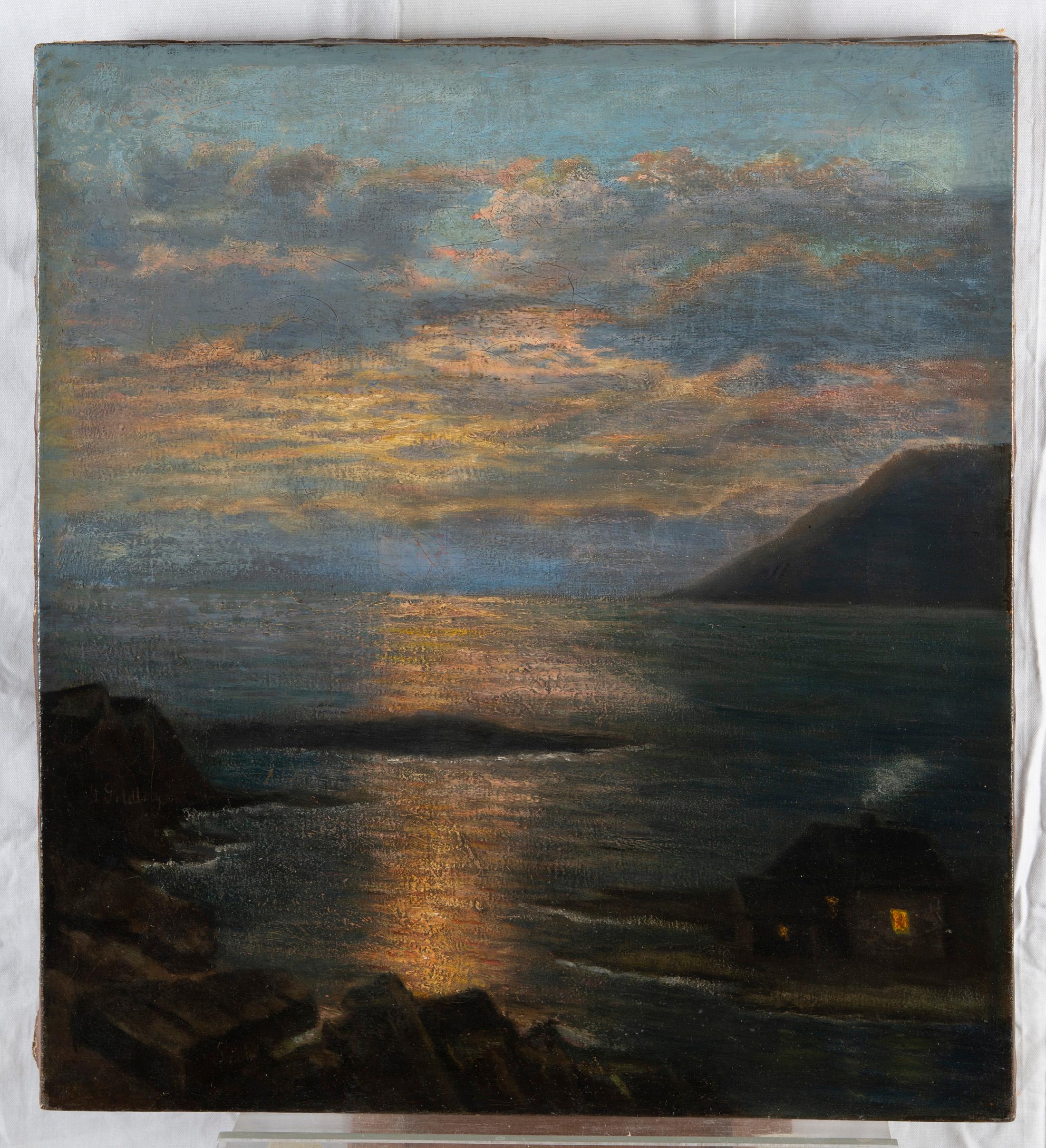 Seascape at Sunset, Romantic Oil on Canvas, 19th Century, Signed